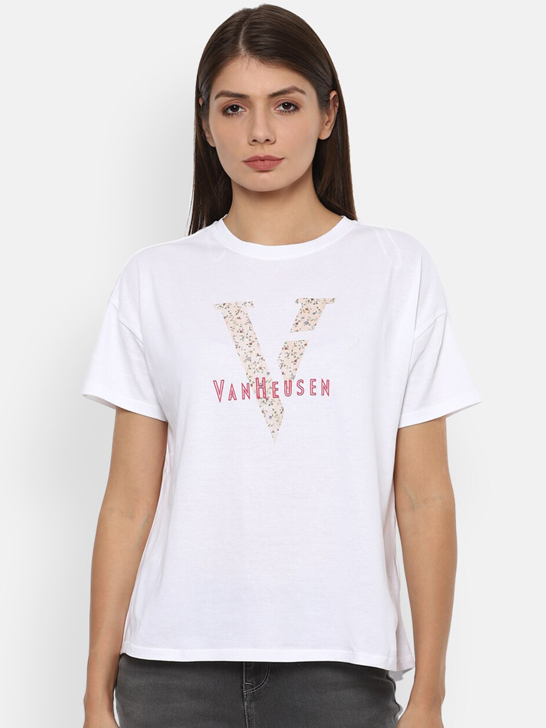 

Van Heusen Woman Women White & Beige Brand Logo Printed T-shirt