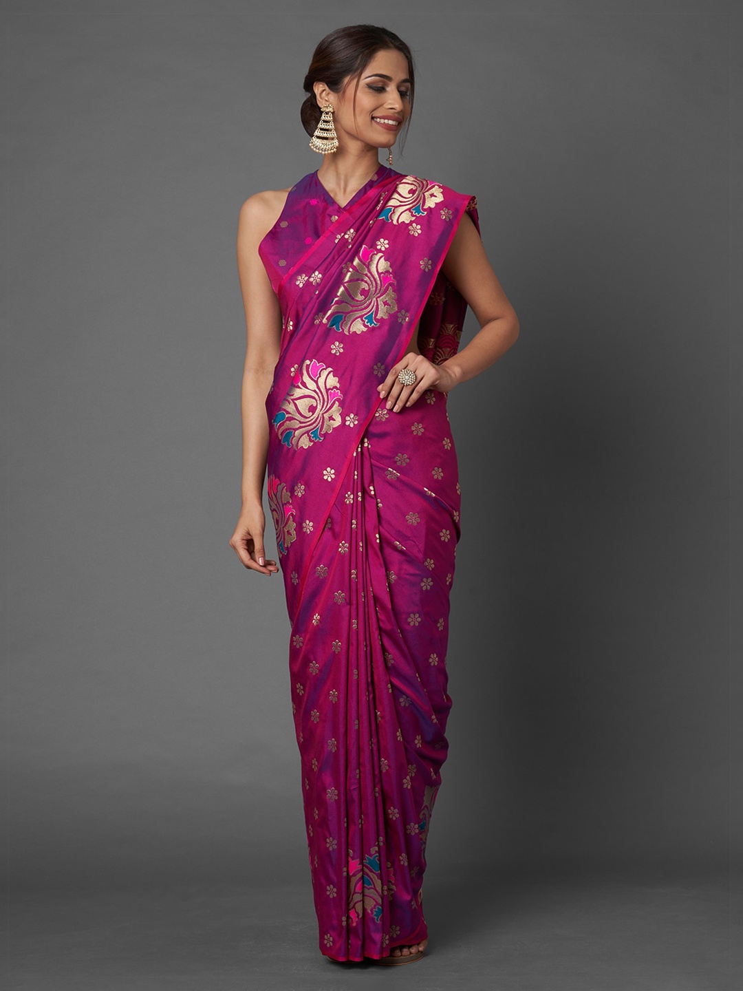 

Mitera Magenta Zari Silk Blend Banarasi Saree