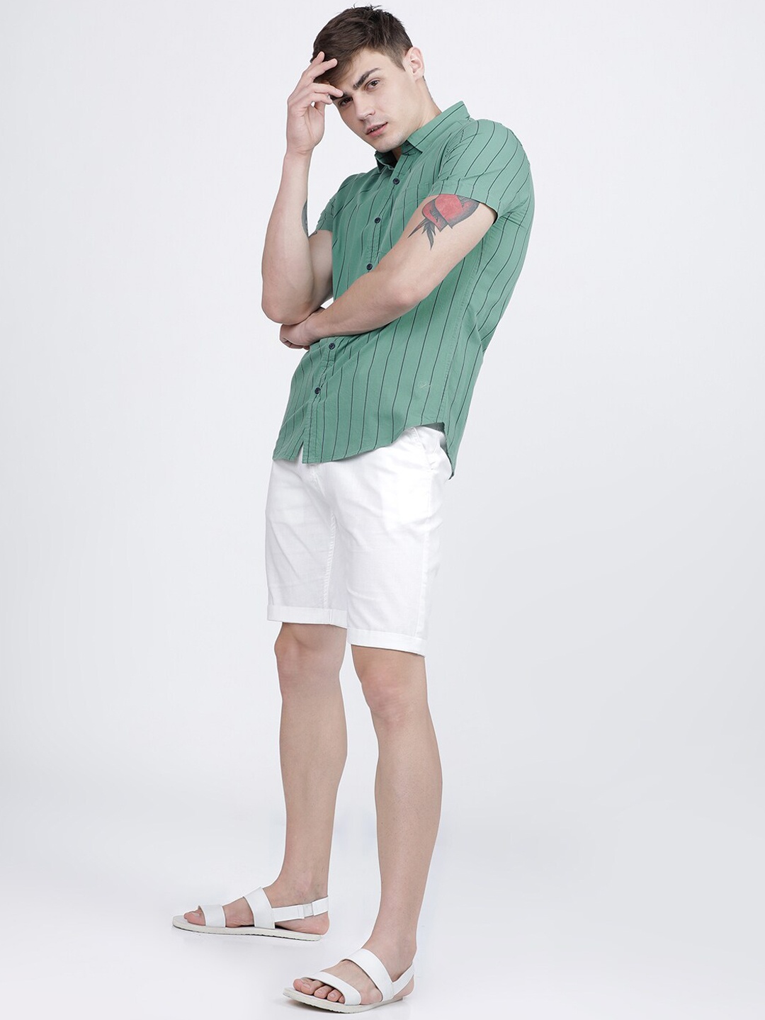 LOCOMOTIVE Men Green Slim Fit Striped Casual Shirt