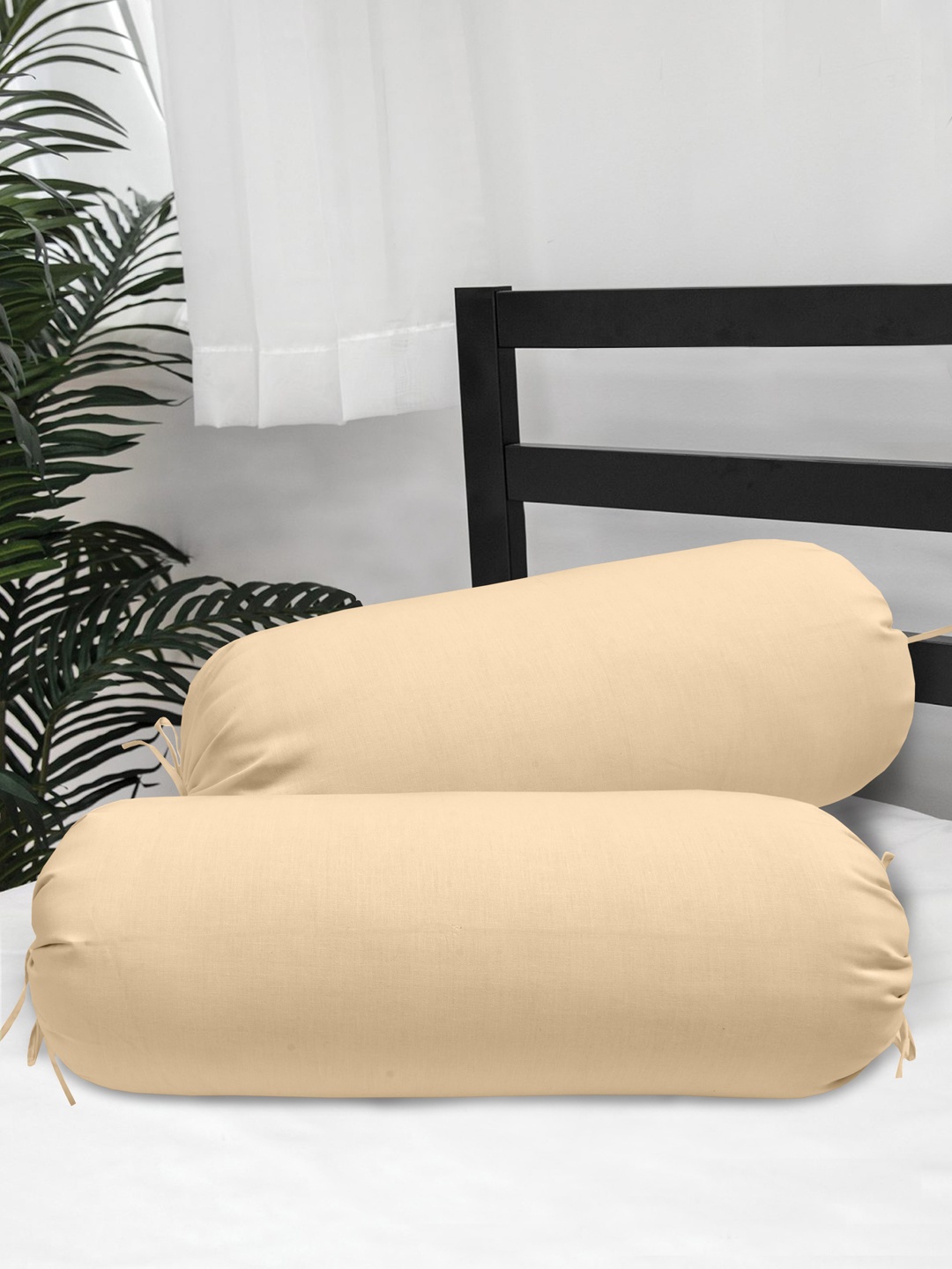 

Clasiko Set Of 2 Beige Solid Cotton 300 TC Bolster Covers