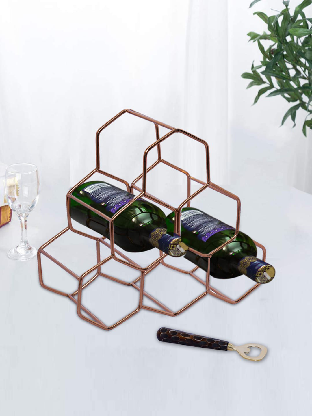 

nestroots 2 Pc Stainless Steel & Wooden Wine Rack & Bottle Opener, Copper