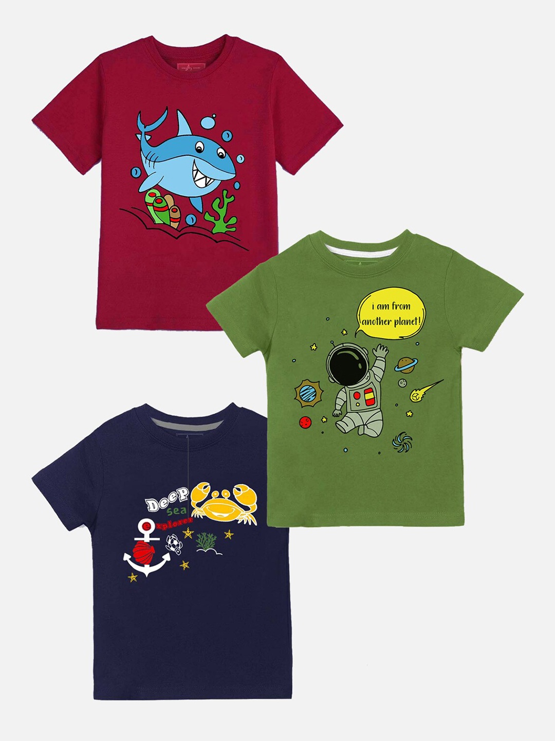 

Naughty Ninos Boys Red & Green Pack of 3 Printed T-shirts
