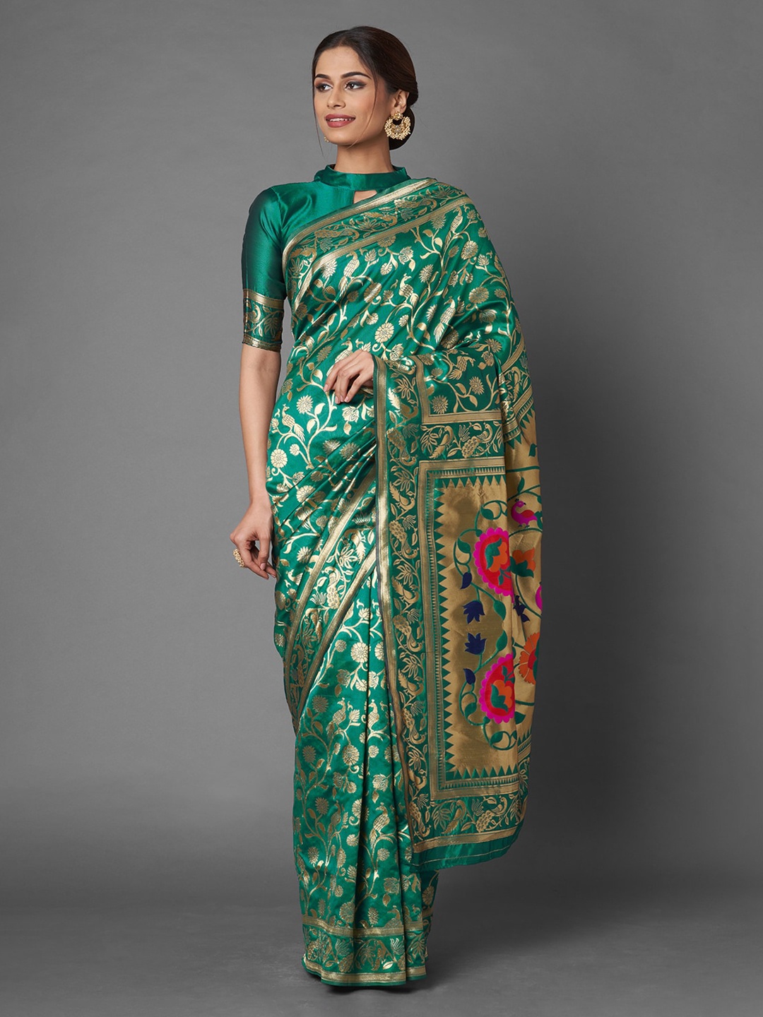 

Mitera Green Ethnic Motifs Zari Silk Blend Banarasi Saree