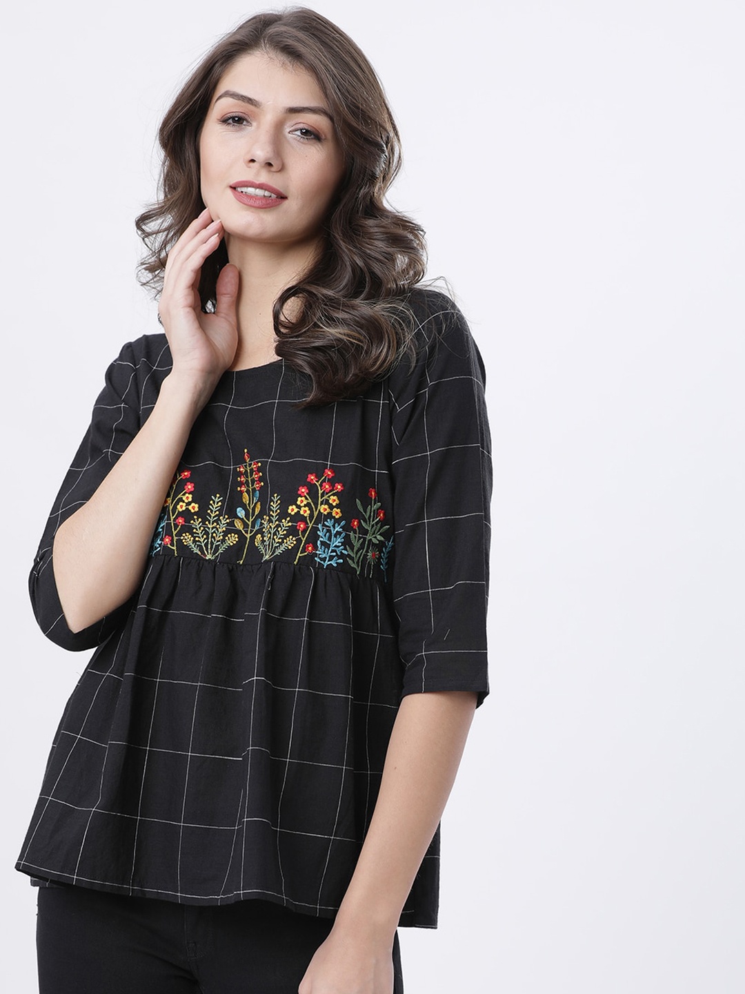 

Vishudh Black Floral Embroidered A-Line Top