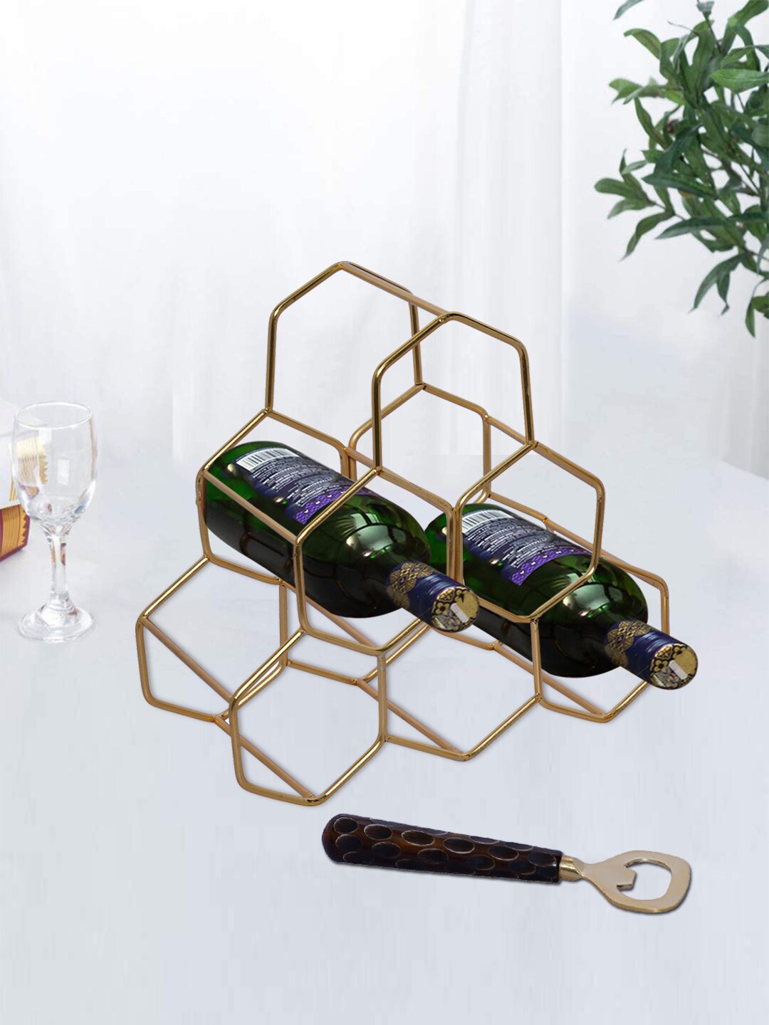 

nestroots Set Of 2 Gold-Toned & Brown Solid Wine Rack & Bottle Opener