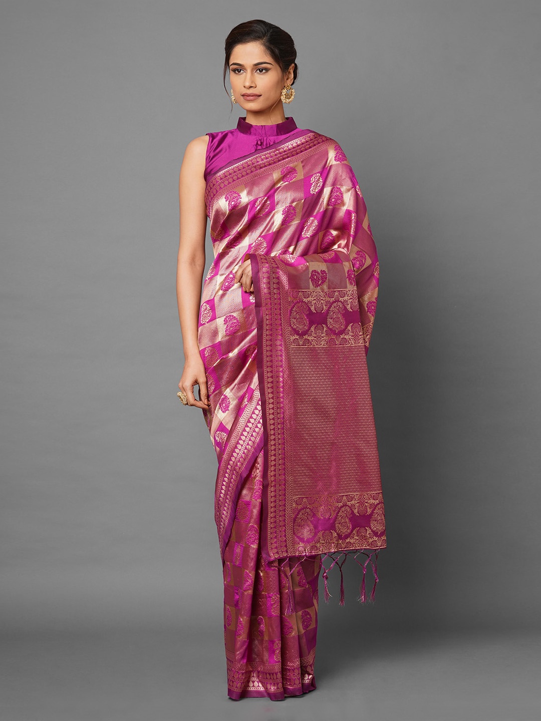 

Mitera Pink & Gold-Toned Paisley Zari Silk Blend Banarasi Saree