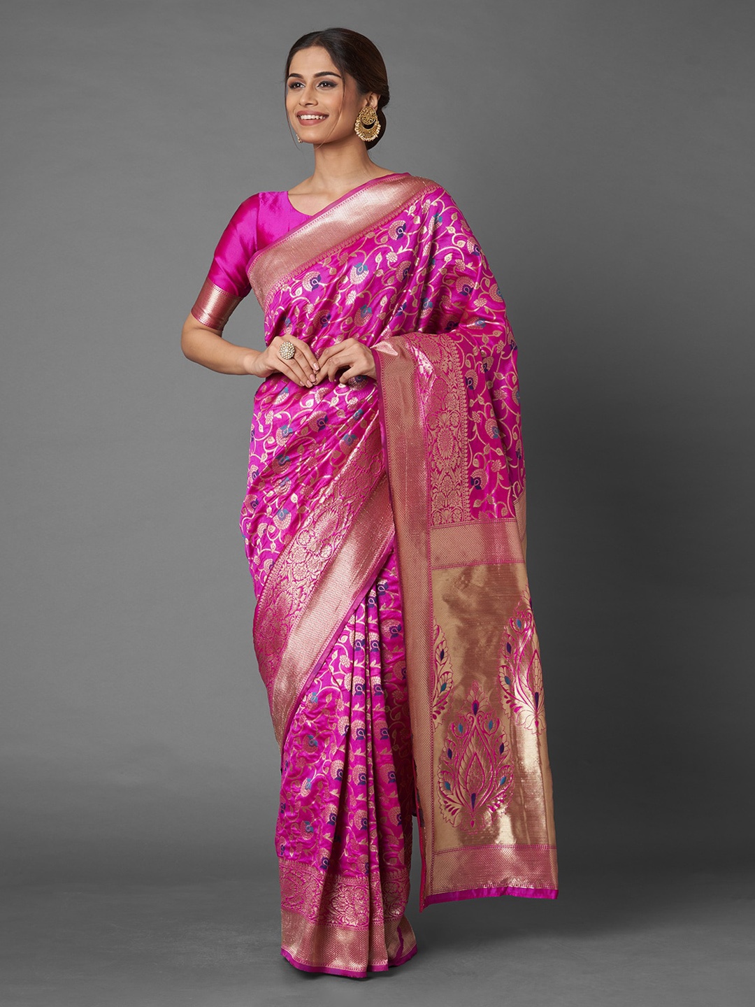 

Mitera Pink Floral Zari Silk Blend Banarasi Saree