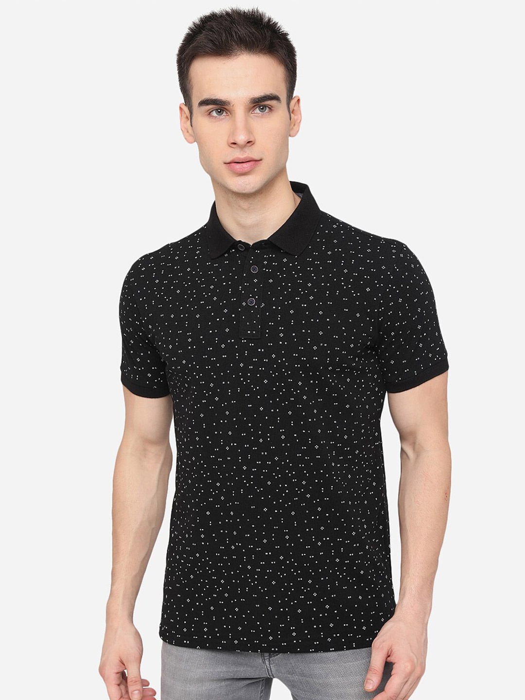 

JADE BLUE Men Black Printed Polo Collar Slim Fit Pure Cotton T-shirt