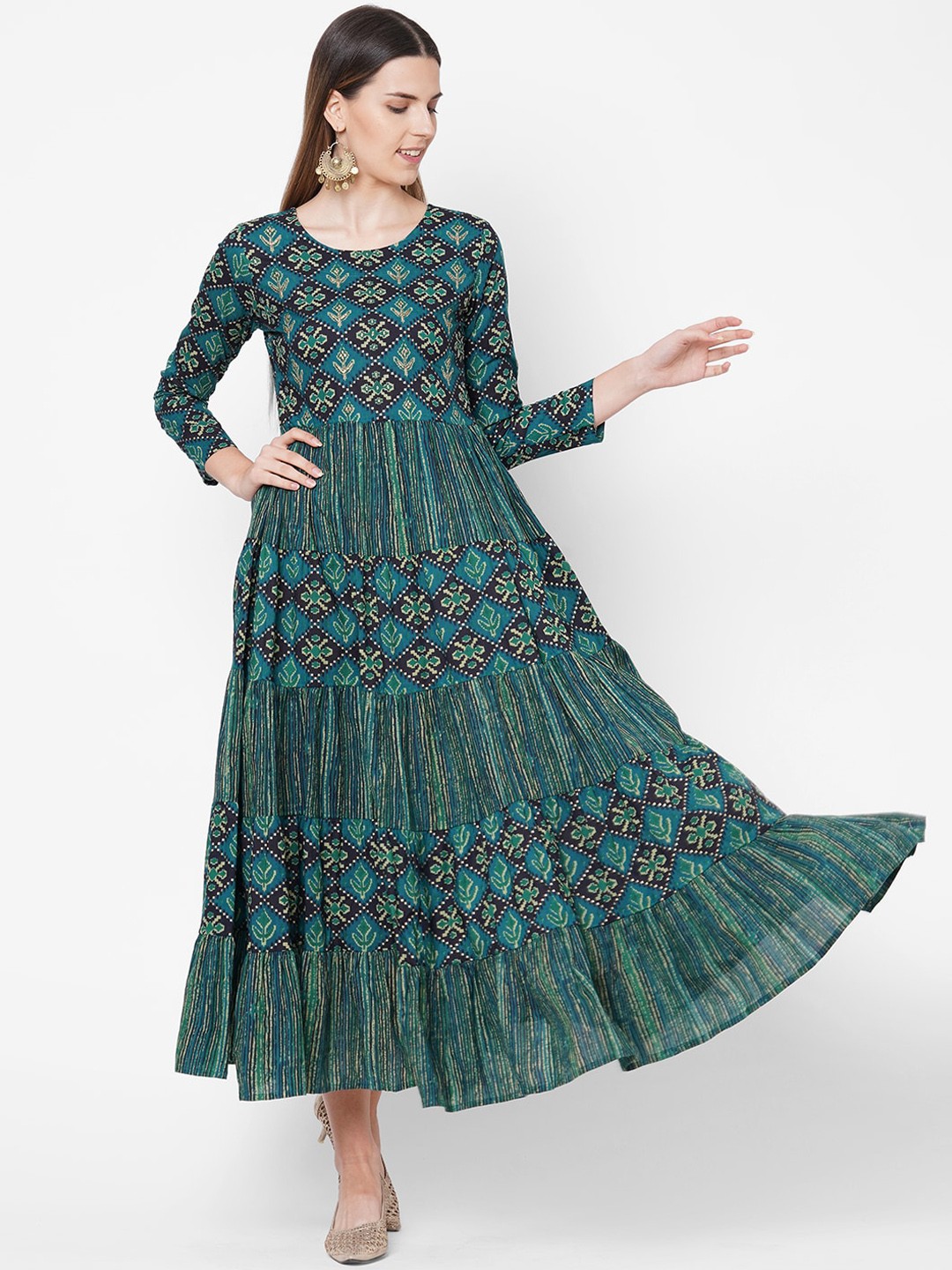 

FASHOR Blue & Black Checked Ethnic Maxi Dress