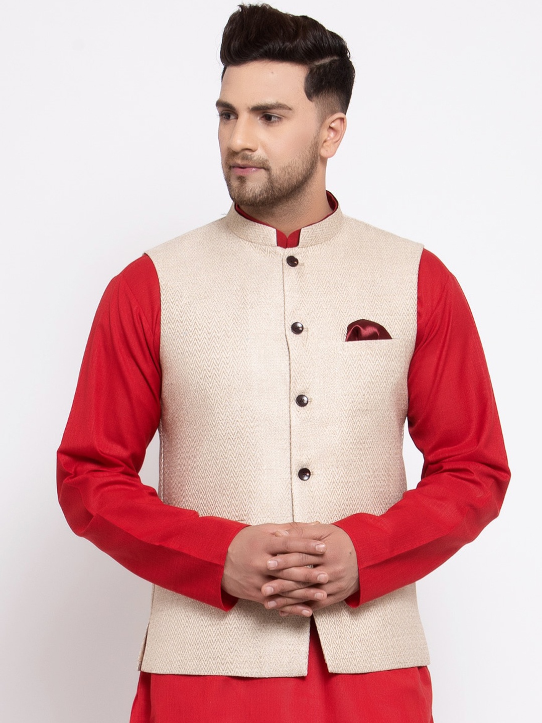 

MAXENCE Men Beige Woven-Design Cotton Nehru Jacket