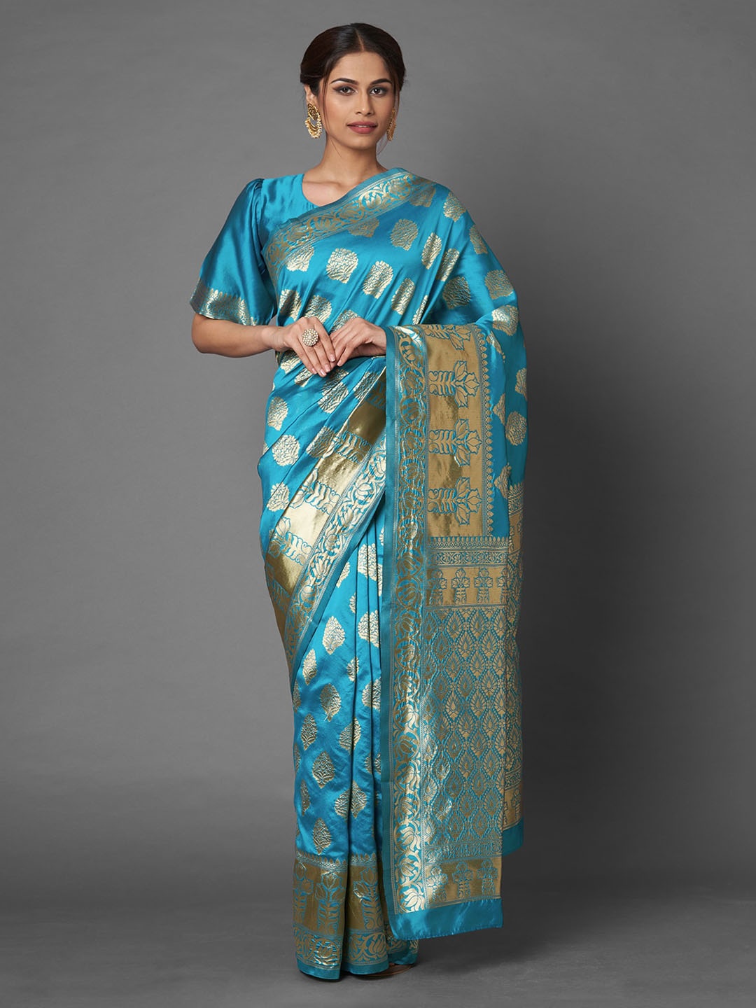 

Mitera Blue Ethnic Motifs Zari Silk Blend Banarasi Saree