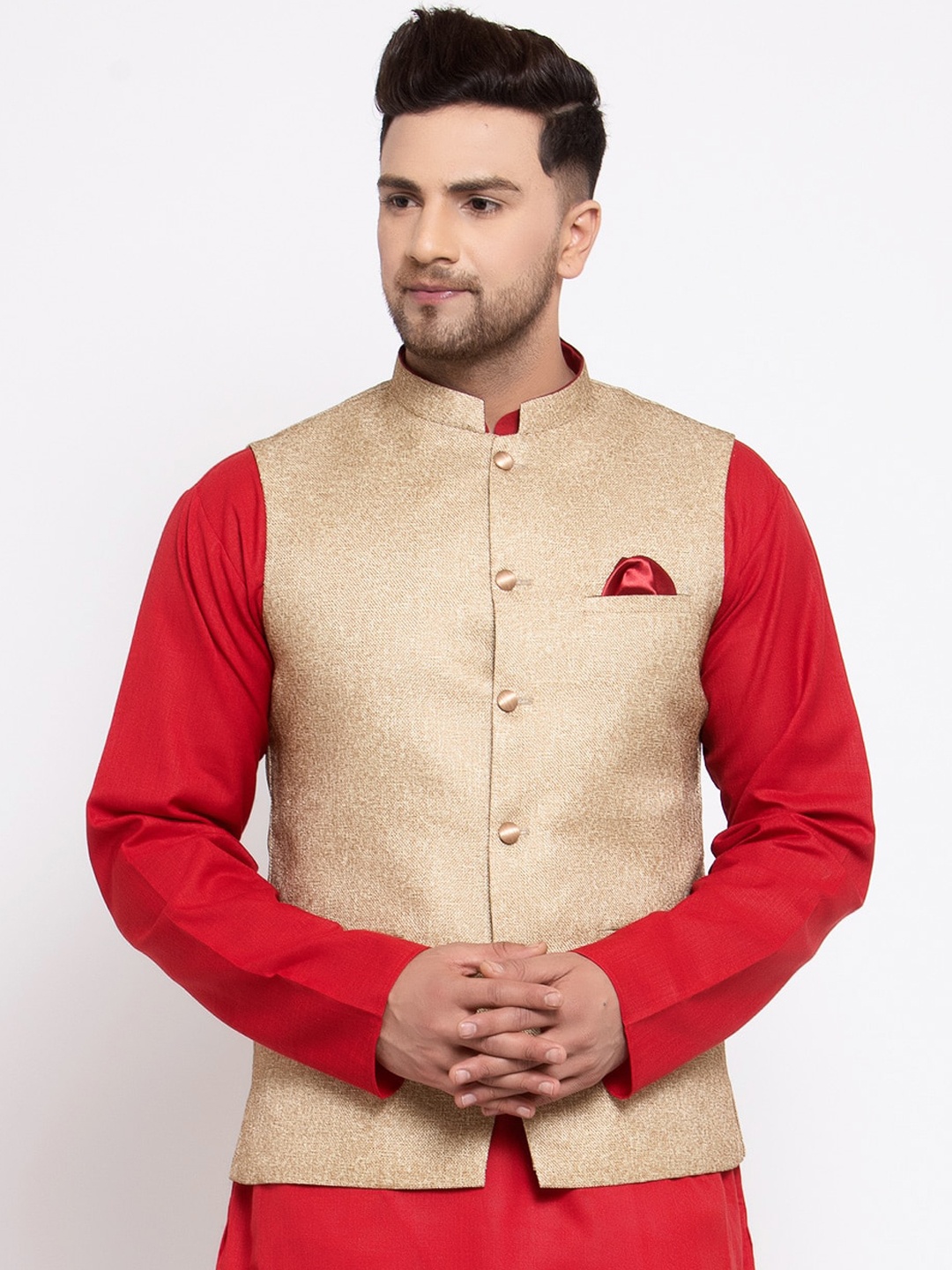 

MAXENCE Men Gold-Coloured Woven-Design Cotton Nehru Jacket