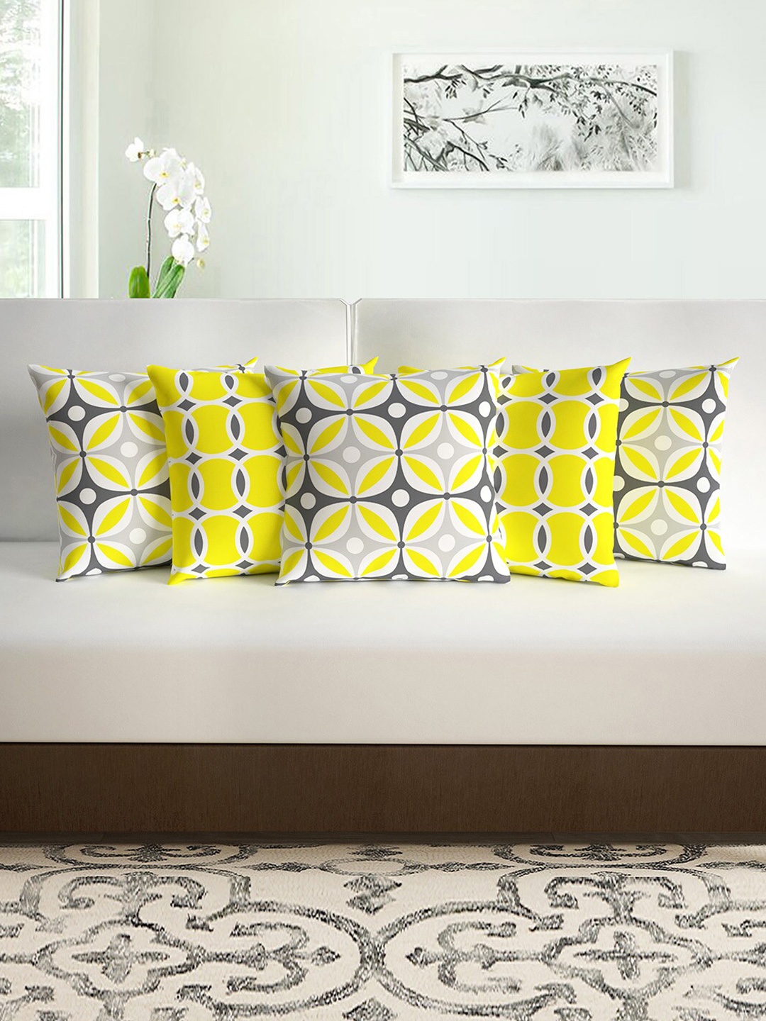 

Divine Casa Yellow & Grey Set of 5 Geometric Square Cushion Covers