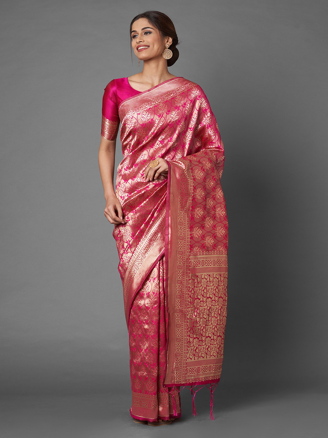 

Mitera Pink Floral Zari Silk Blend Banarasi Saree