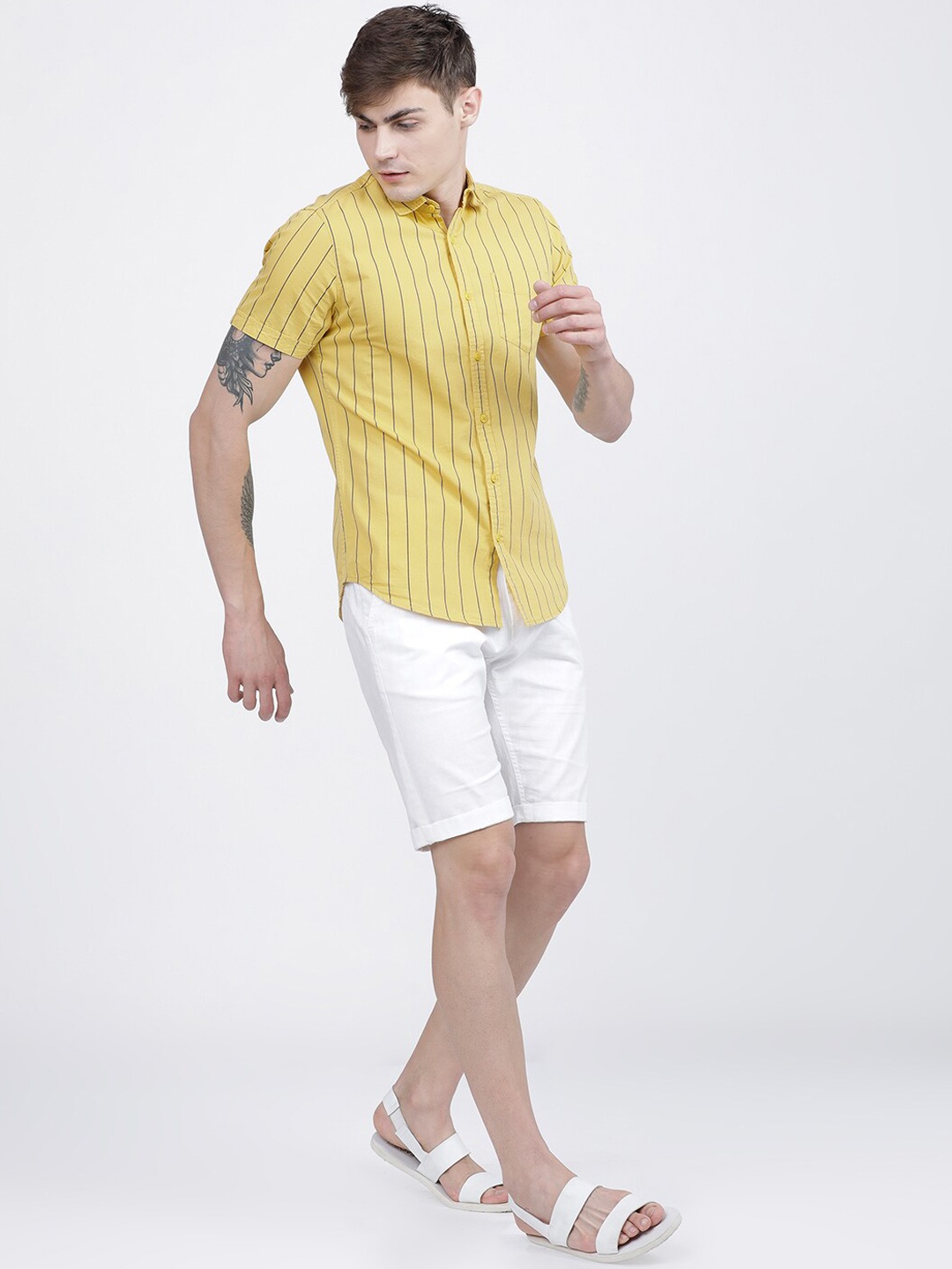 LOCOMOTIVE Men Mustard Yellow & Black Slim Fit Striped Casual Shirt