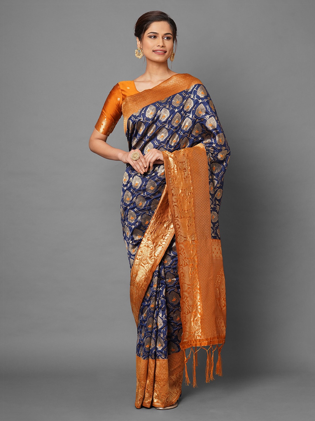 

Mitera Navy Blue & Orange Ethnic Motifs Zari Silk Blend Banarasi Saree