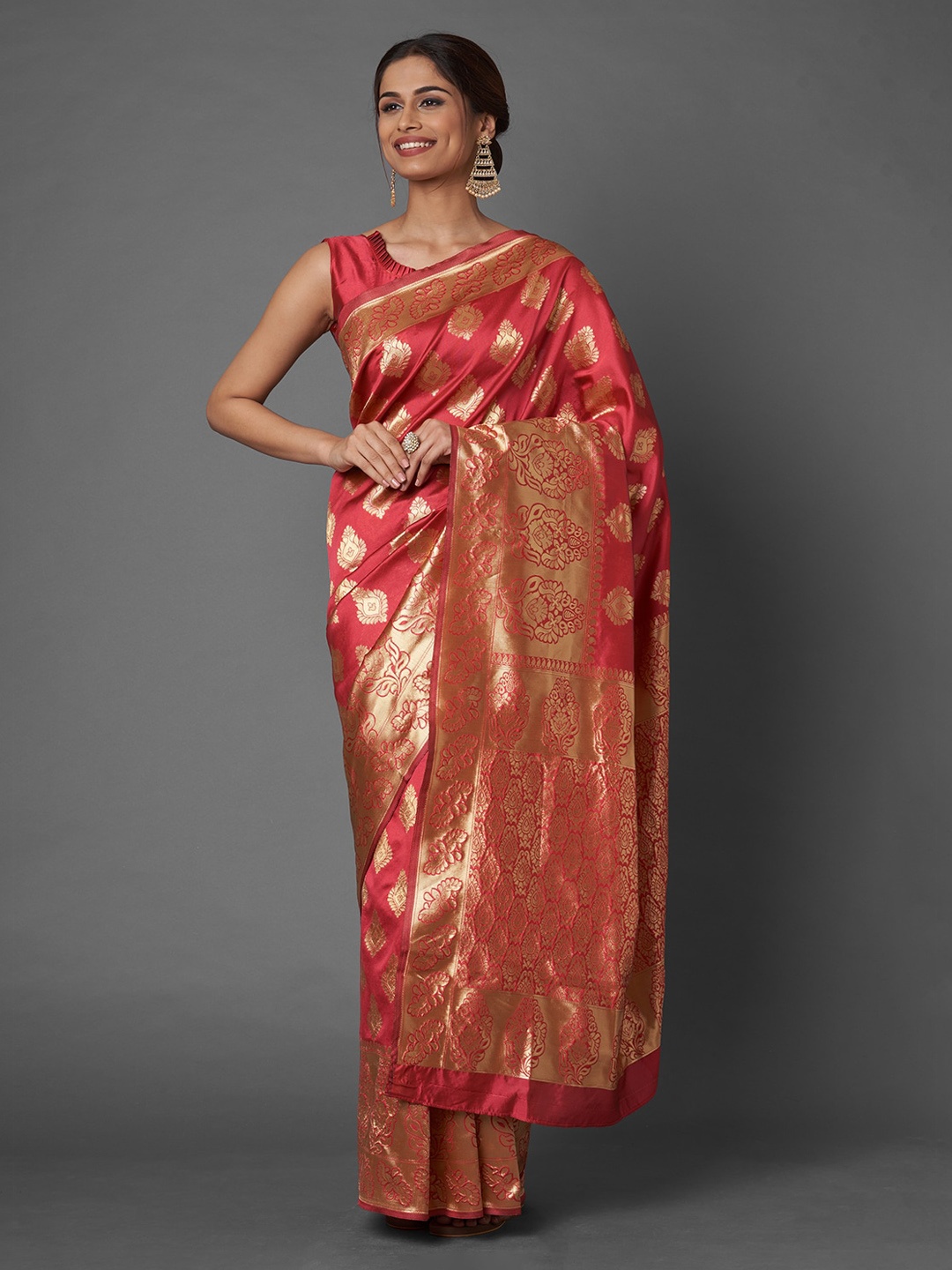 

Mitera Red & Gold-Toned Ethnic Motifs Zari Silk Blend Banarasi Saree