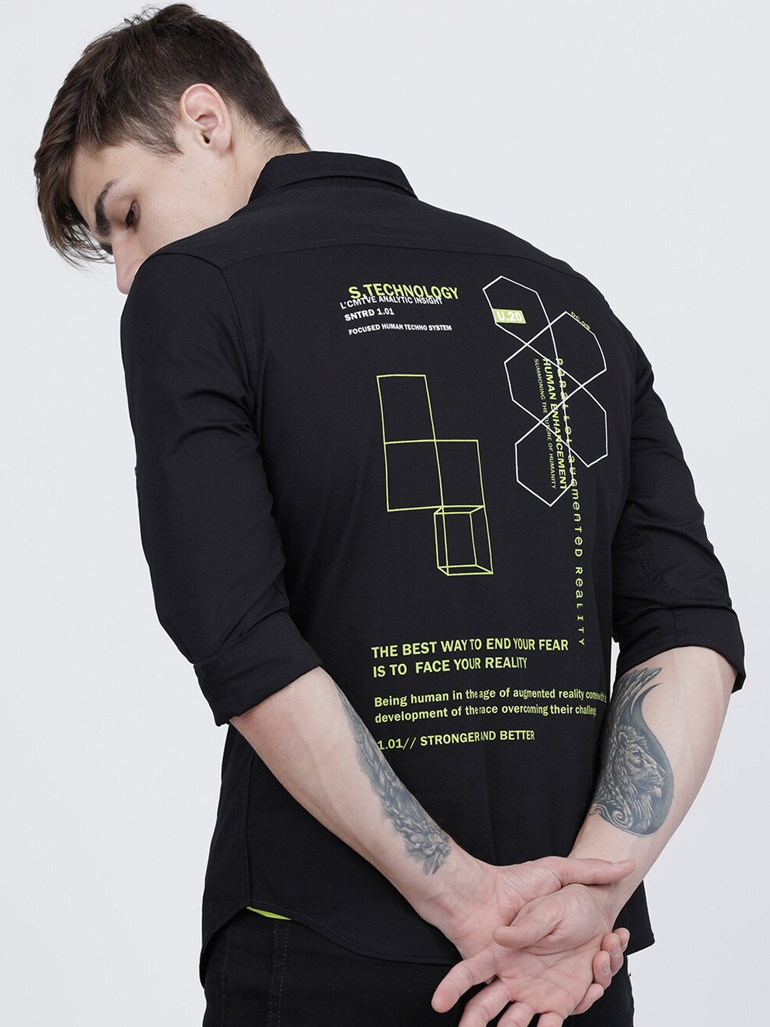 

LOCOMOTIVE Men Black Slim Fit Printed Cotton Casual Shirt