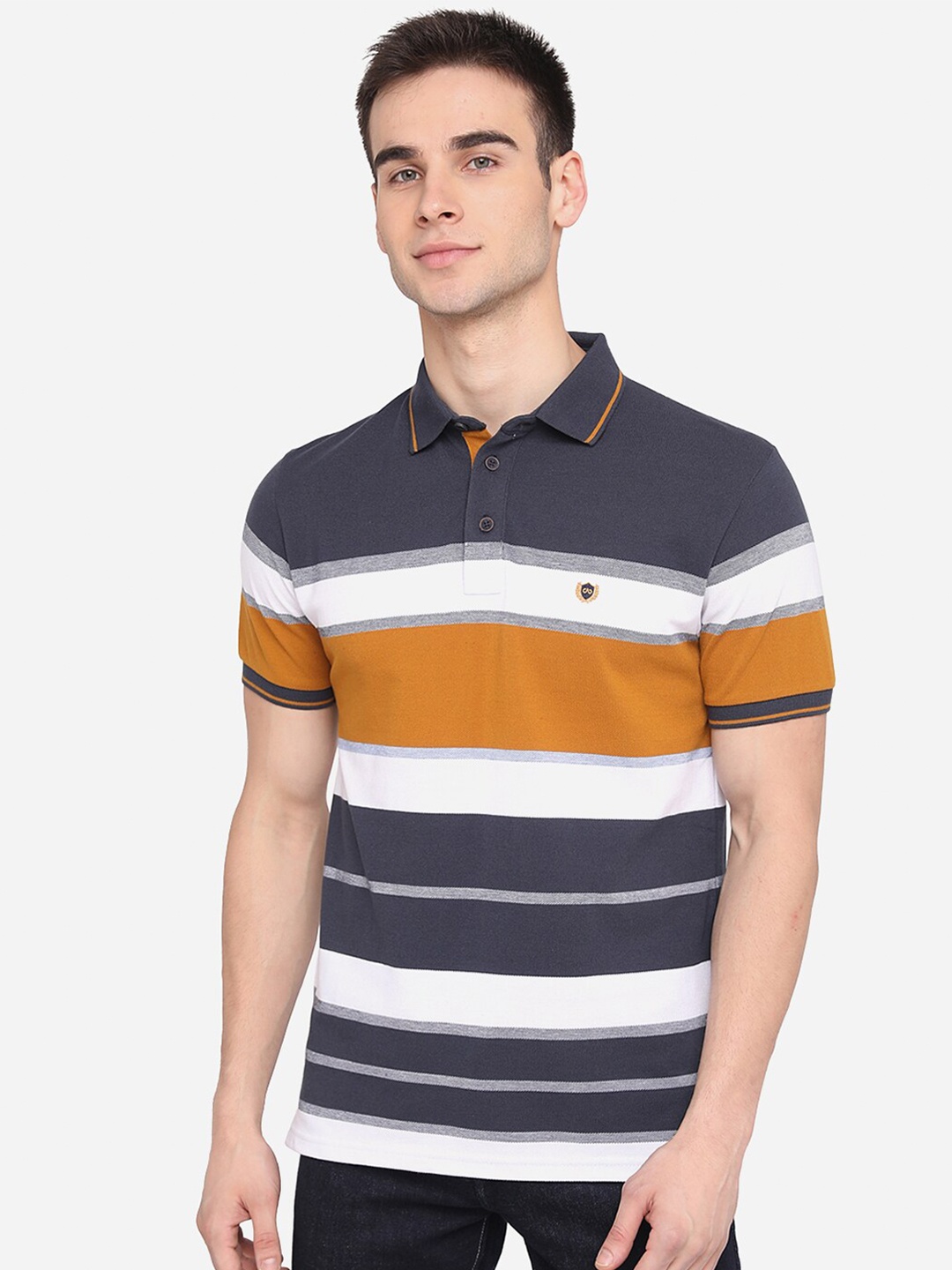 

JADE BLUE Men Grey White Striped Polo Collar Slim Fit Cotton Pure Cotton T-shirt