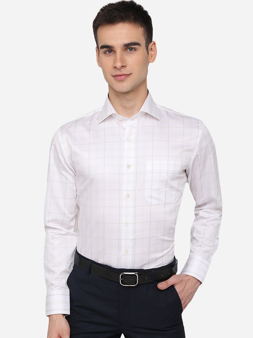 

JADE BLUE Men White Tartan Checks Checked Cotton Formal Shirt