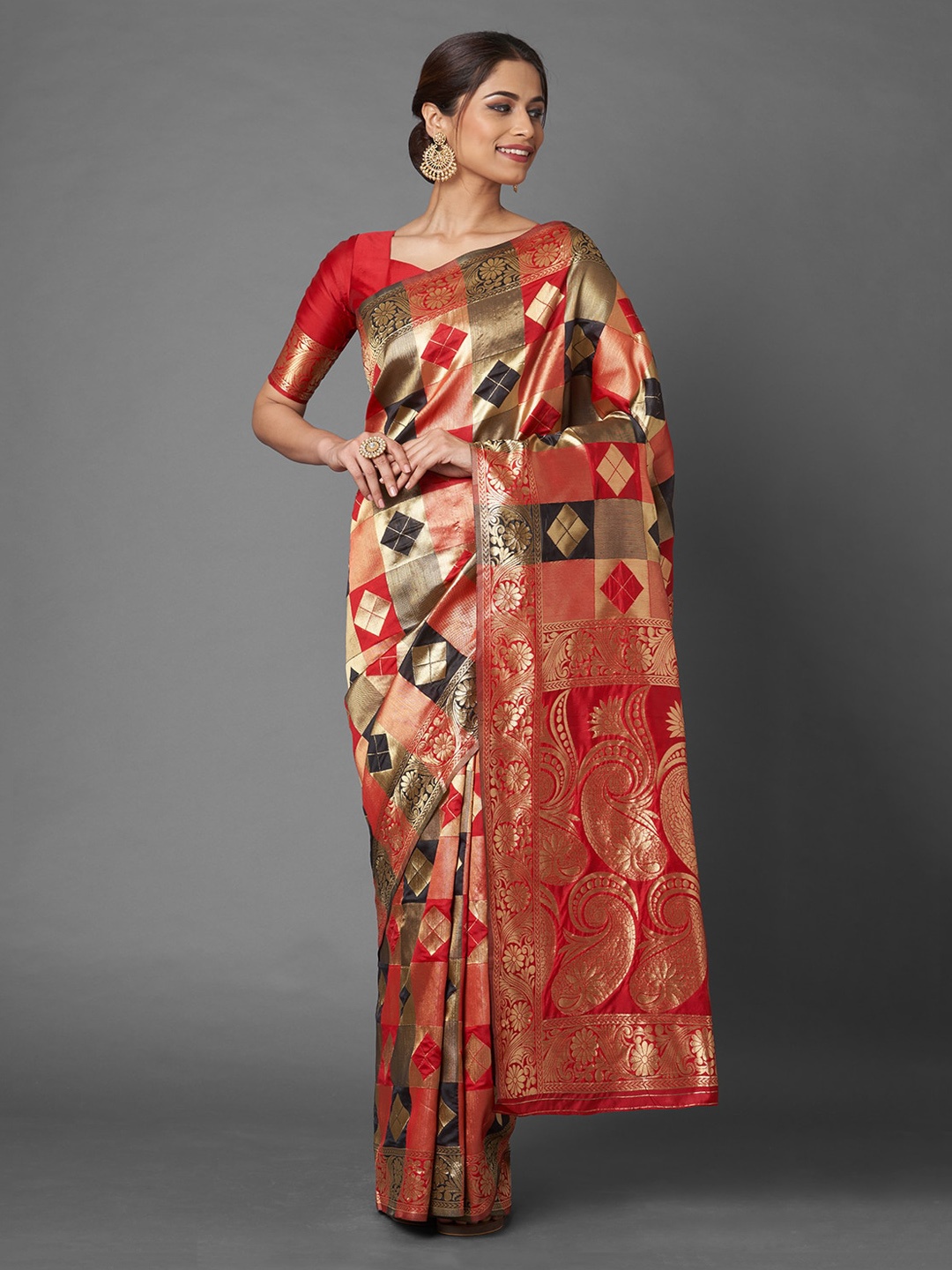 

Mitera Red & Black Checked Zari Silk Blend Banarasi Saree
