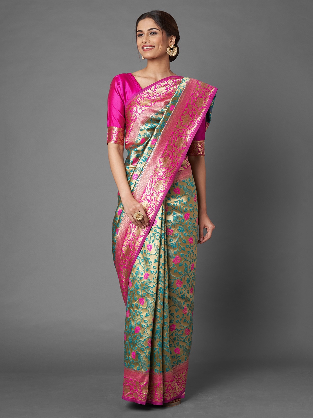 Mitera Teal Floral Zari Silk Blend Banarasi Saree