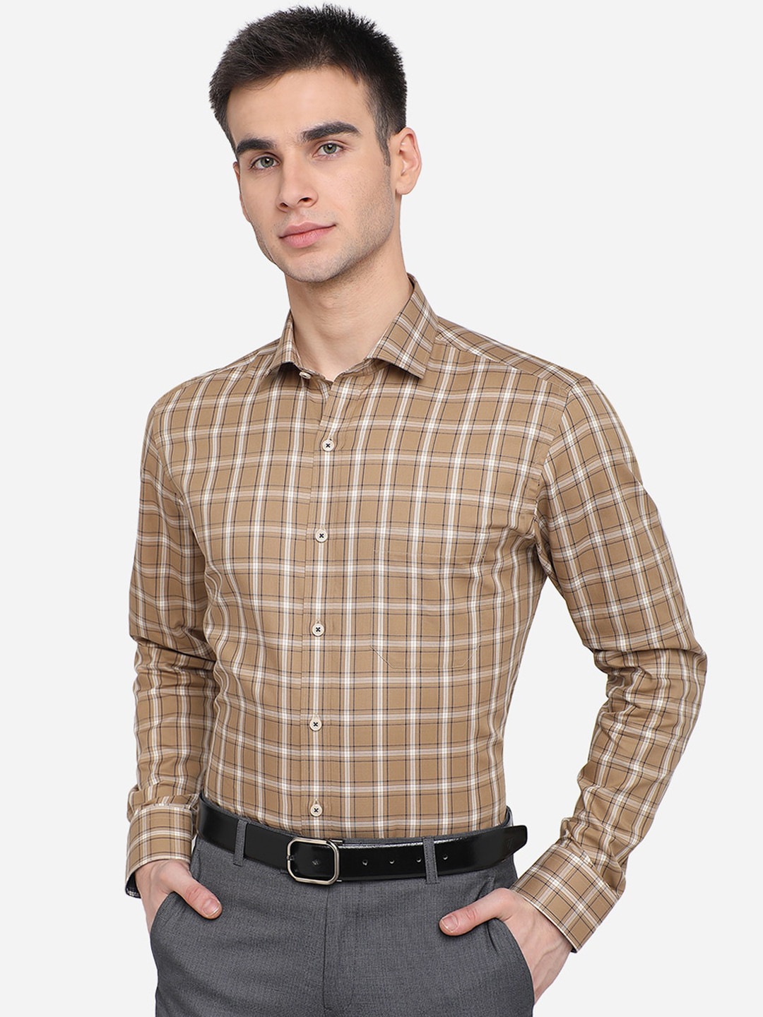 

JADE BLUE Men Khaki Slim Fit Checked Cotton Casual Shirt