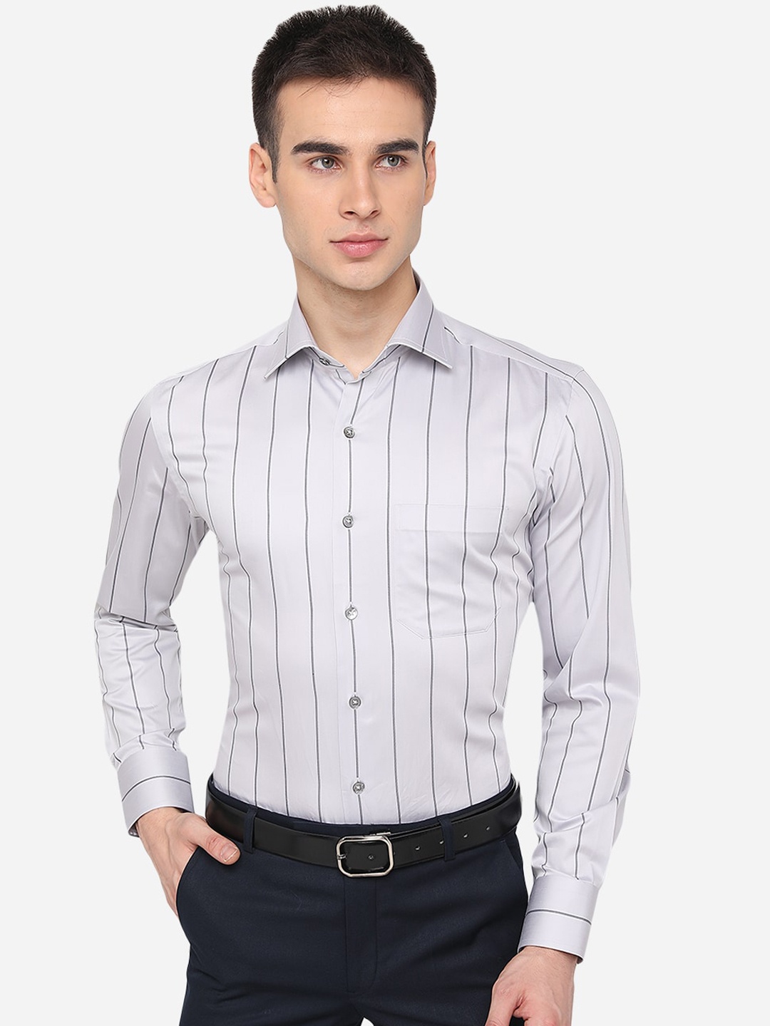 

JADE BLUE Men Grey Striped Cotton Formal Shirt