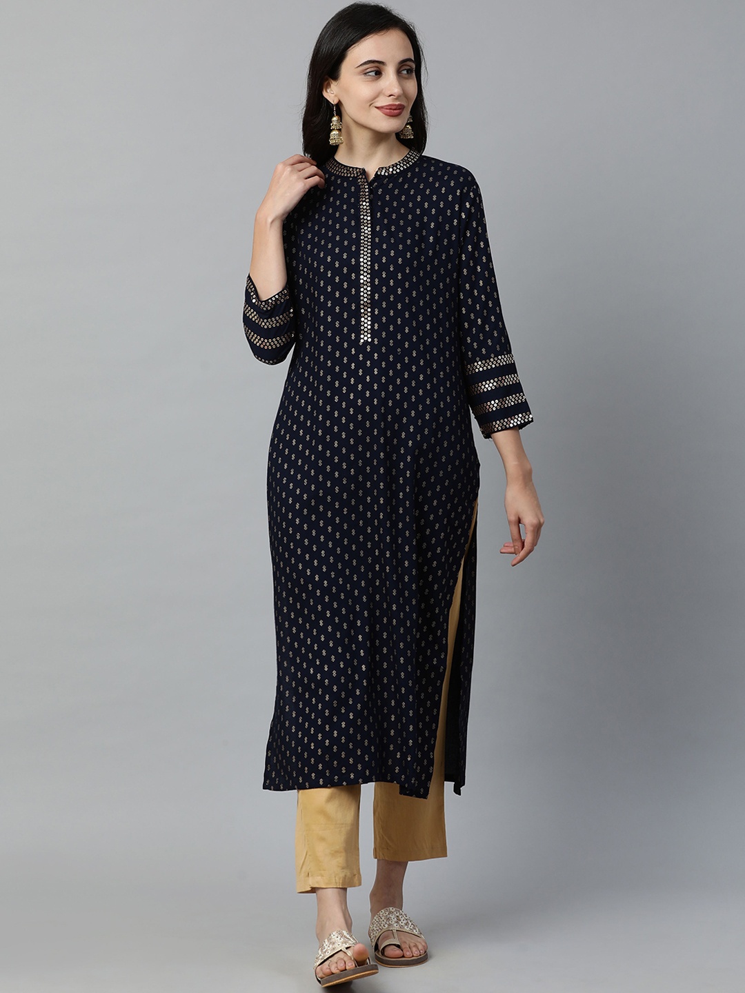 

Indo Era Women Navy Blue Ethnic Motifs Foil Printed Kurta