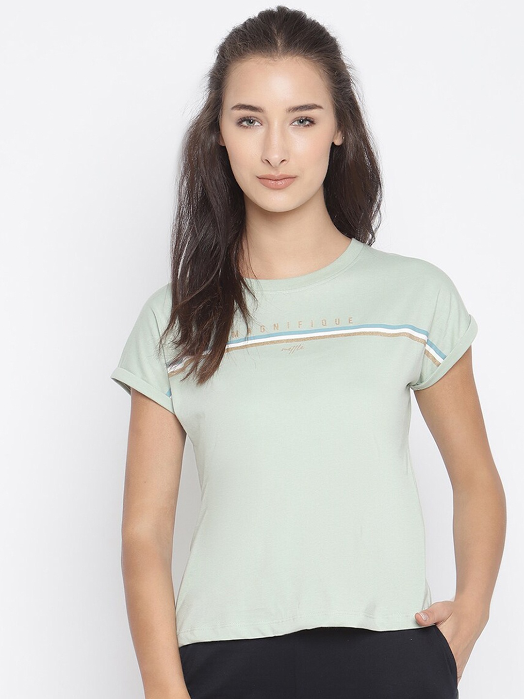 

METTLE Women Olive Typography T-shirt