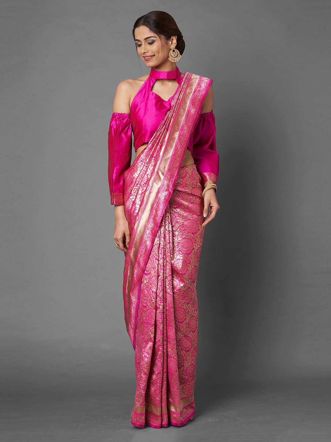 

Mitera Pink Woven Design Silk Blend Banarasi Saree