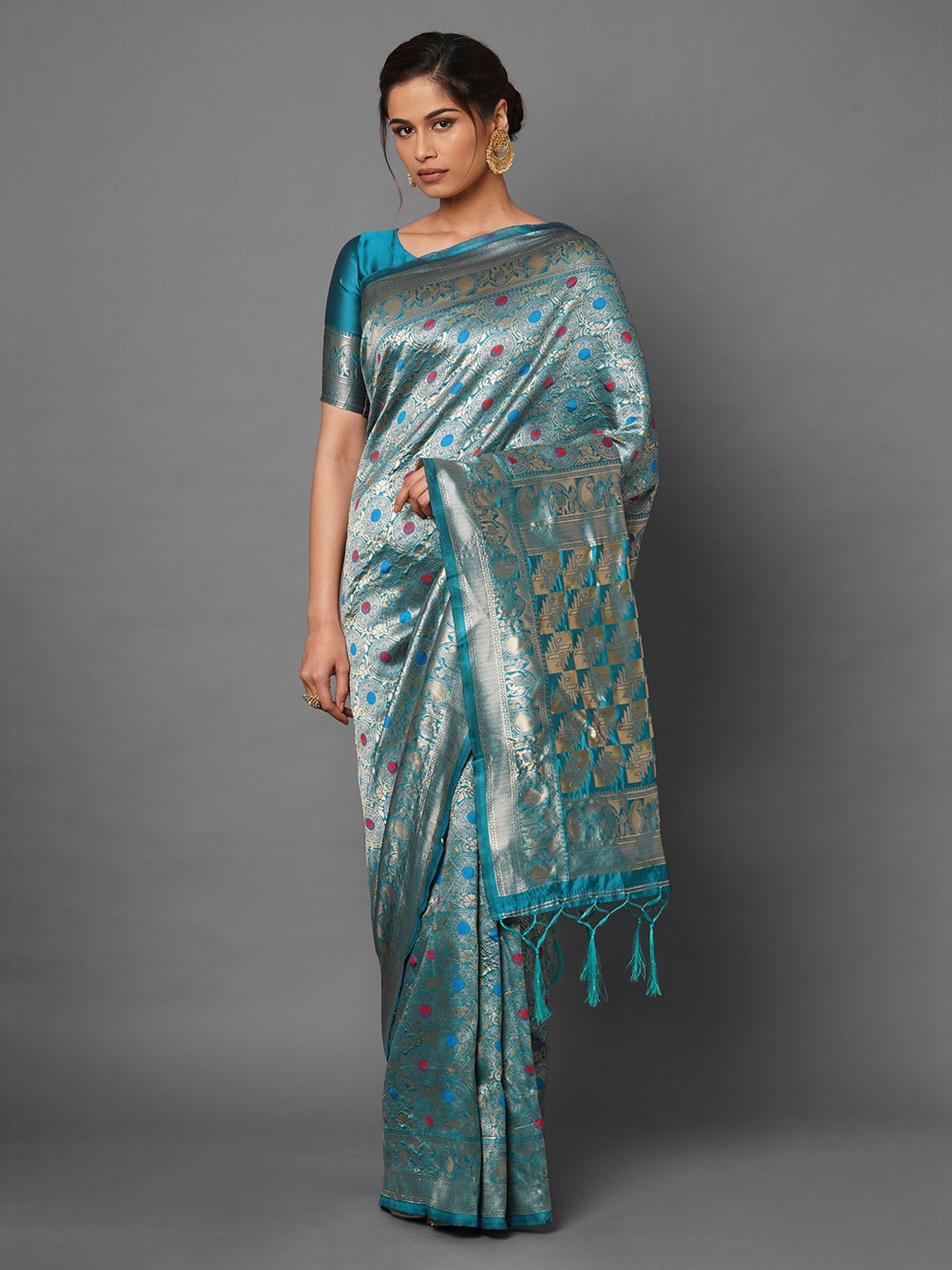 

Mitera Teal Woven Design Silk Blend Banarasi Saree