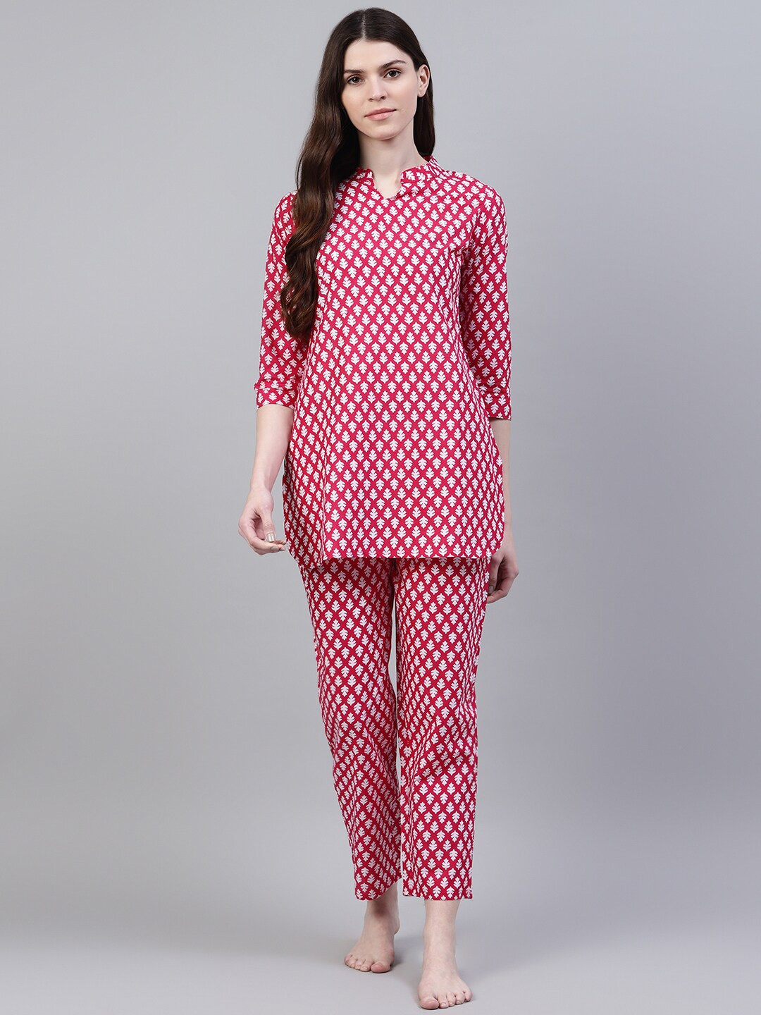 

Stylum Women Pink & White Printed Pure Cotton Night Suit