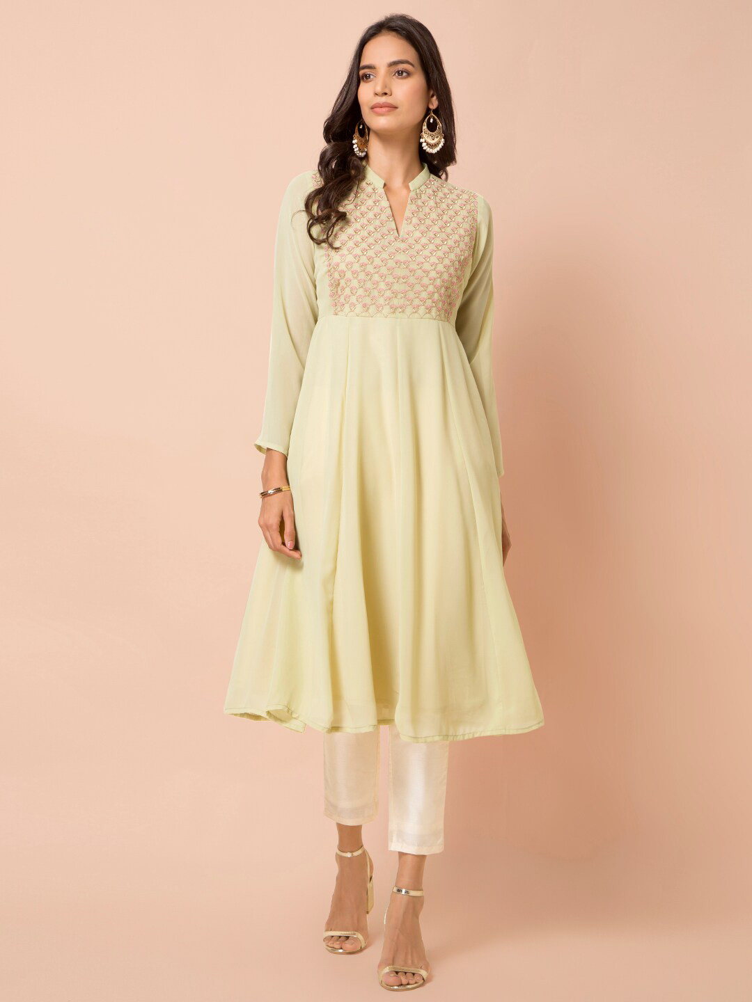 

INDYA Green & Pink Mandarin Collar Embroidered Yoke Anarkali Kurta