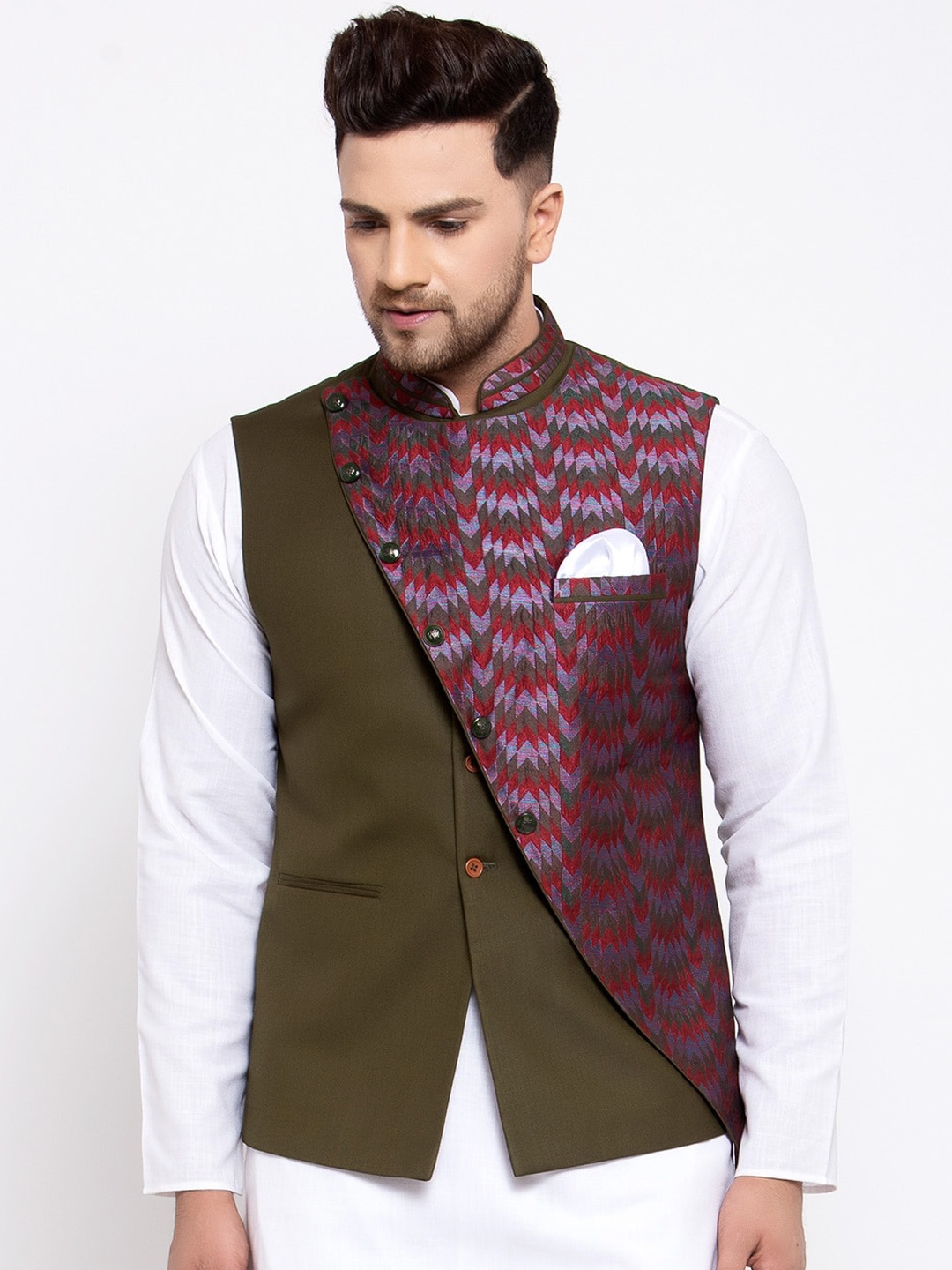 

MAXENCE Men Olive-Green & Pink Woven-Design Cotton Nehru Jacket