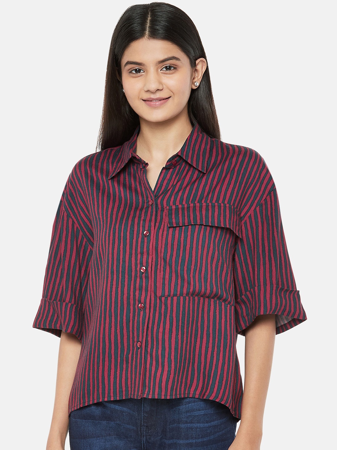 

People Women Maroon Regular Fit Striped Casual Shirt
