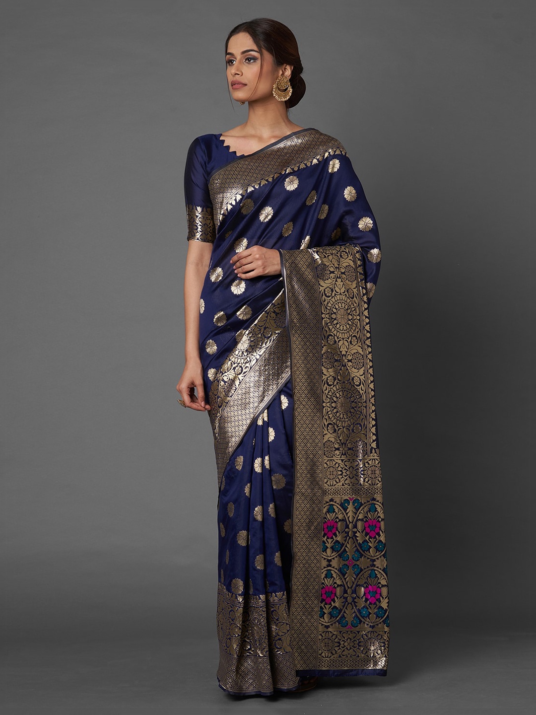 

Mitera Navy Blue & Gold-Toned Ethnic Motifs Silk Blend Banarasi Saree