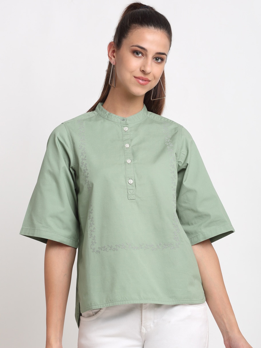 

Bhaane Green Mandarin Collar Cotton Boxy Top