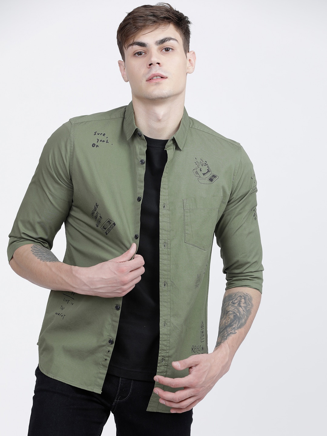 

LOCOMOTIVE Men Olive Slim Fit Printed Casual Shirt