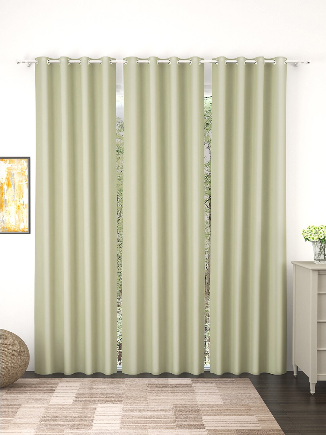 

Story@Home Faux Silk Solid Solid 300GSM Beige Room Darkening Blackout Long Door Curtain - Set Of 3