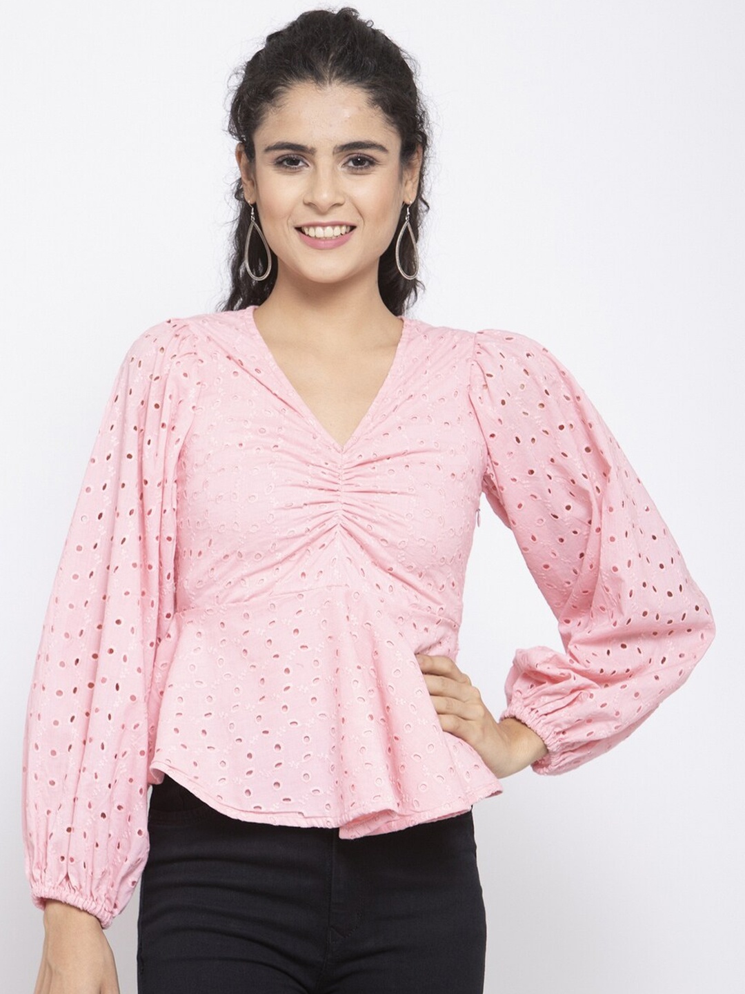 

EMBLAZE Peach Puff Sleeve Peplum Top
