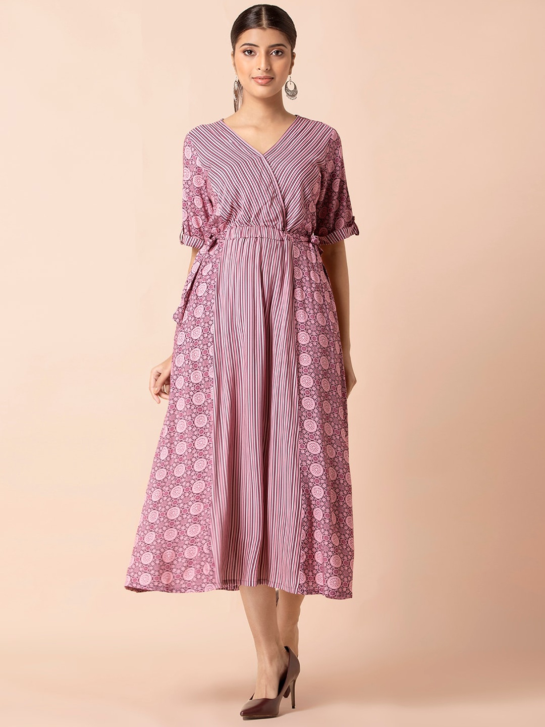 INDYA Women Mauve Ajrakh Printed Viscose Rayon Angrakha Dress