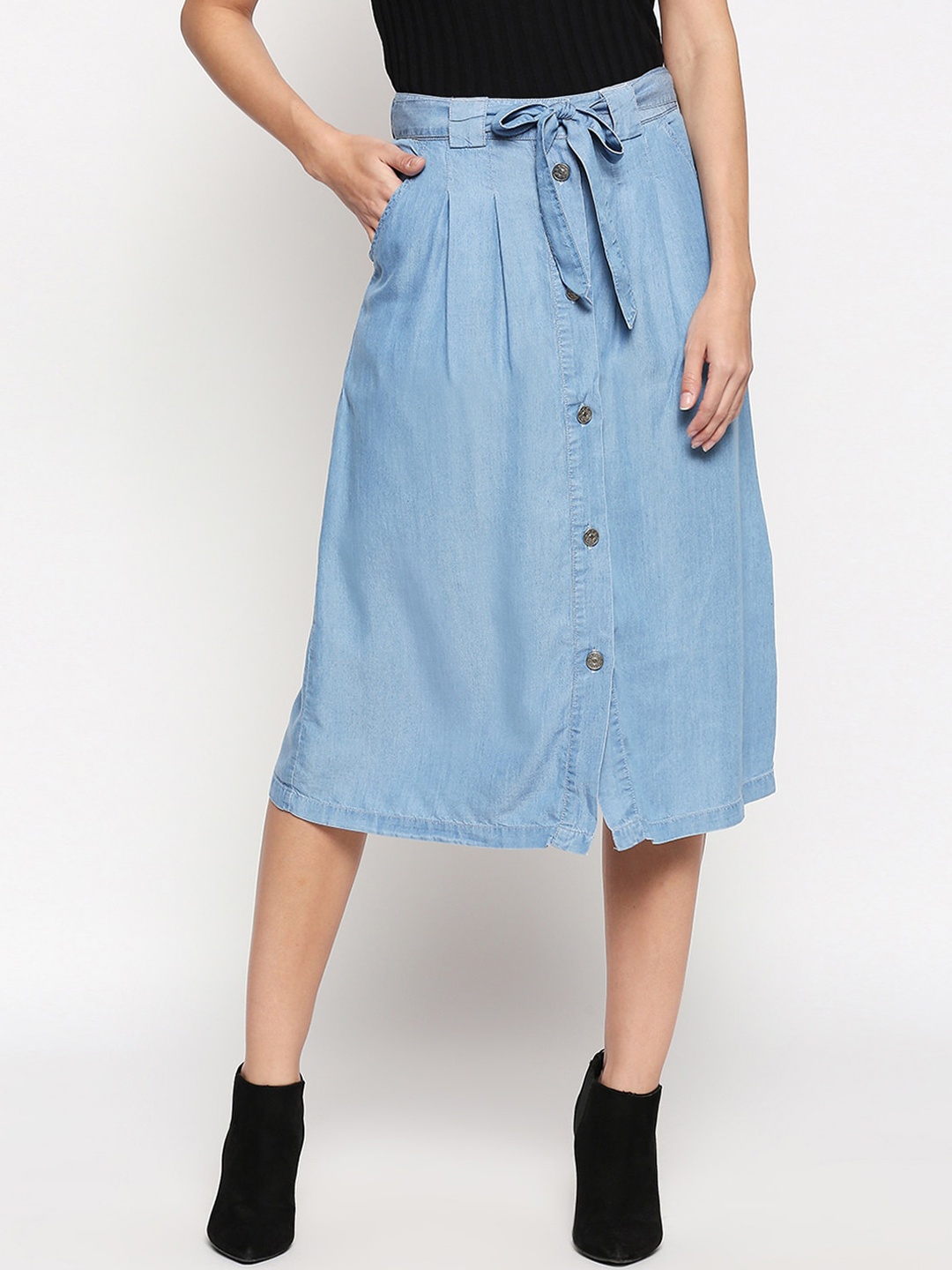 

People Women Blue Solid Knee-Length Denim A-Line Skirt