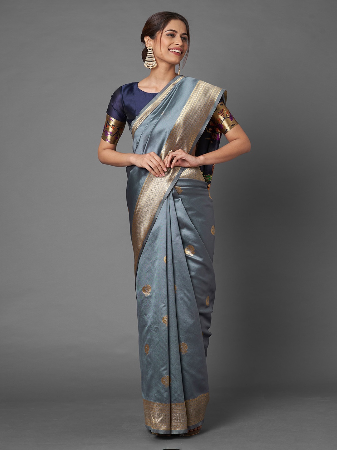 

Mitera Grey Ethnic Motifs Zari Silk Blend Banarasi Saree
