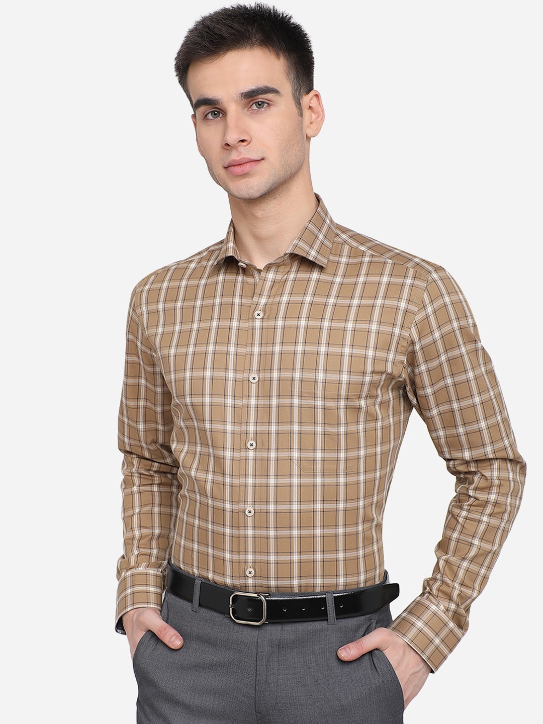 

JADE BLUE Men Khaki Slim Fit Checked Casual Shirt