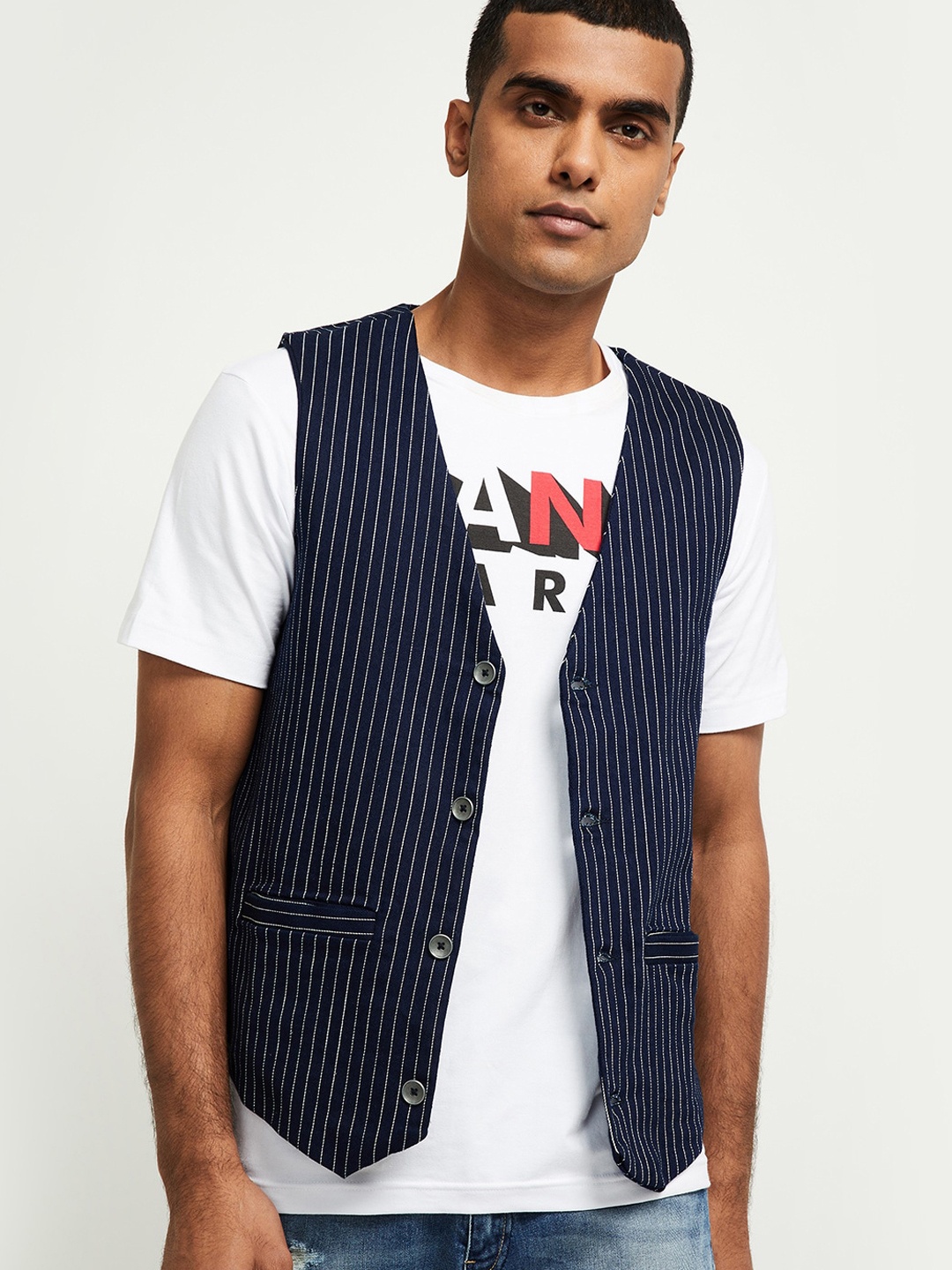 

max Men Blue Striped Tailored Jacket with Embroidered