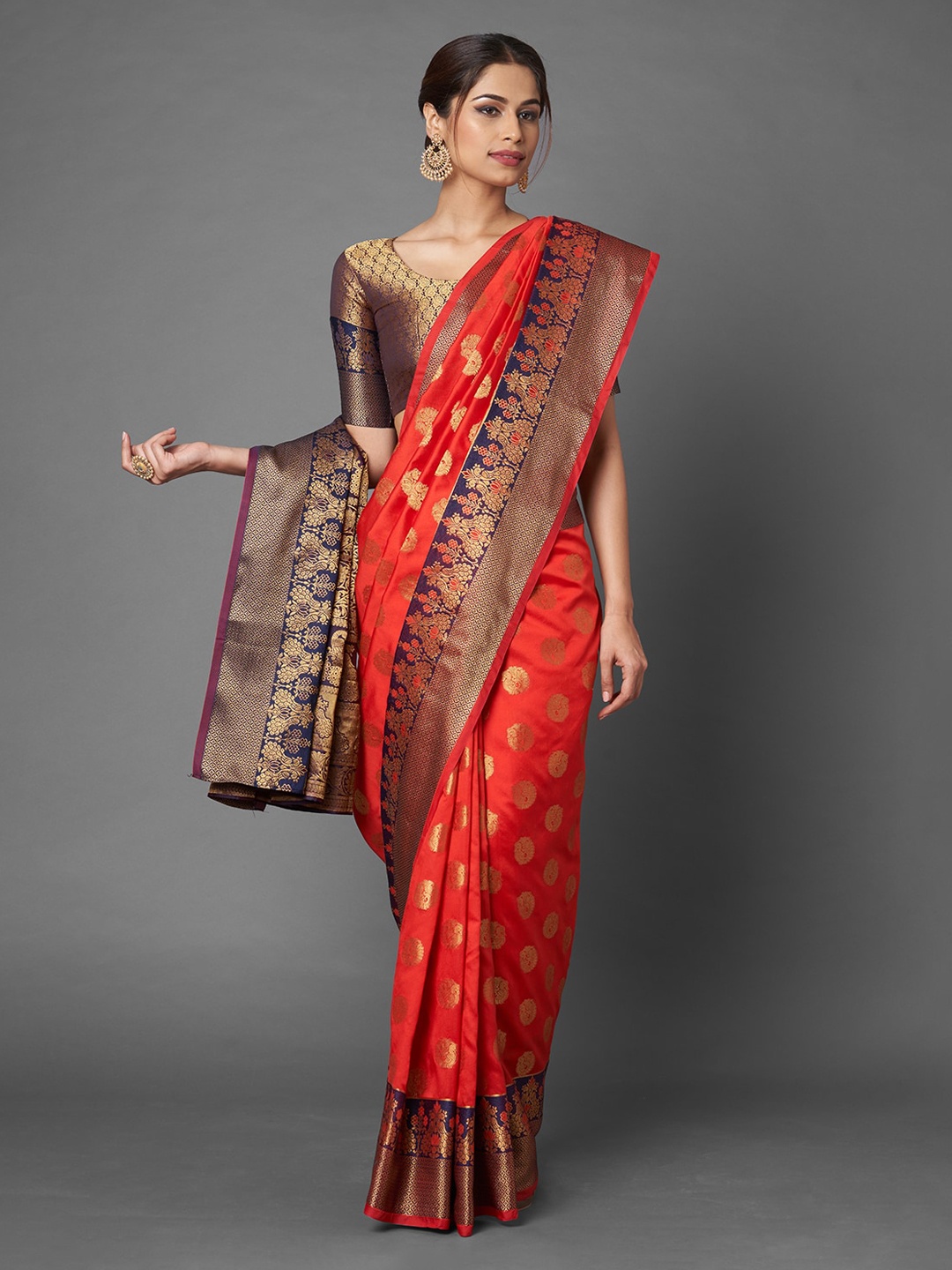 Mitera Red & Gold-Toned Ethnic Motifs Zari Silk Blend Banarasi Saree