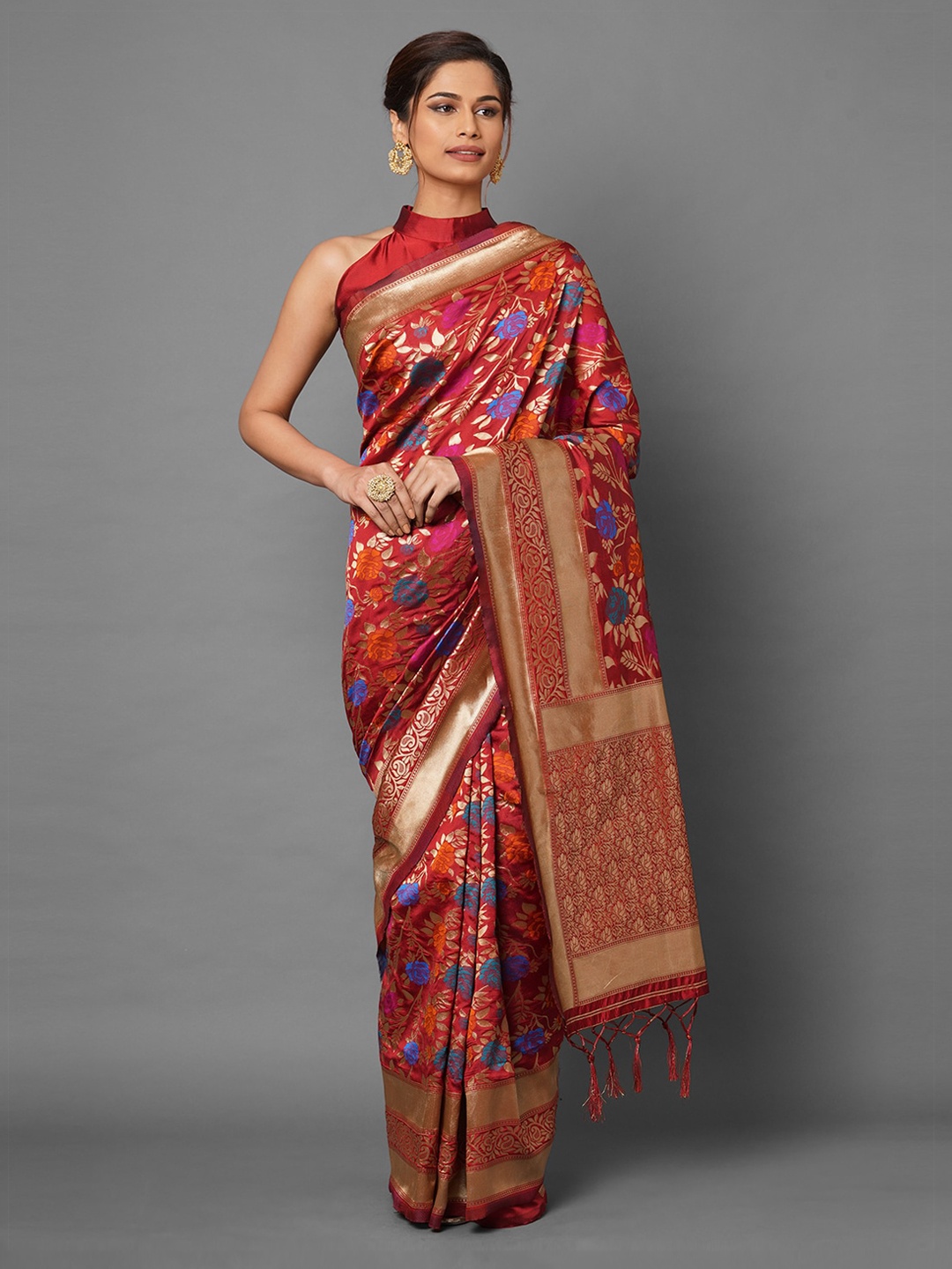

Mitera Red Floral Silk Blend Banarasi Saree