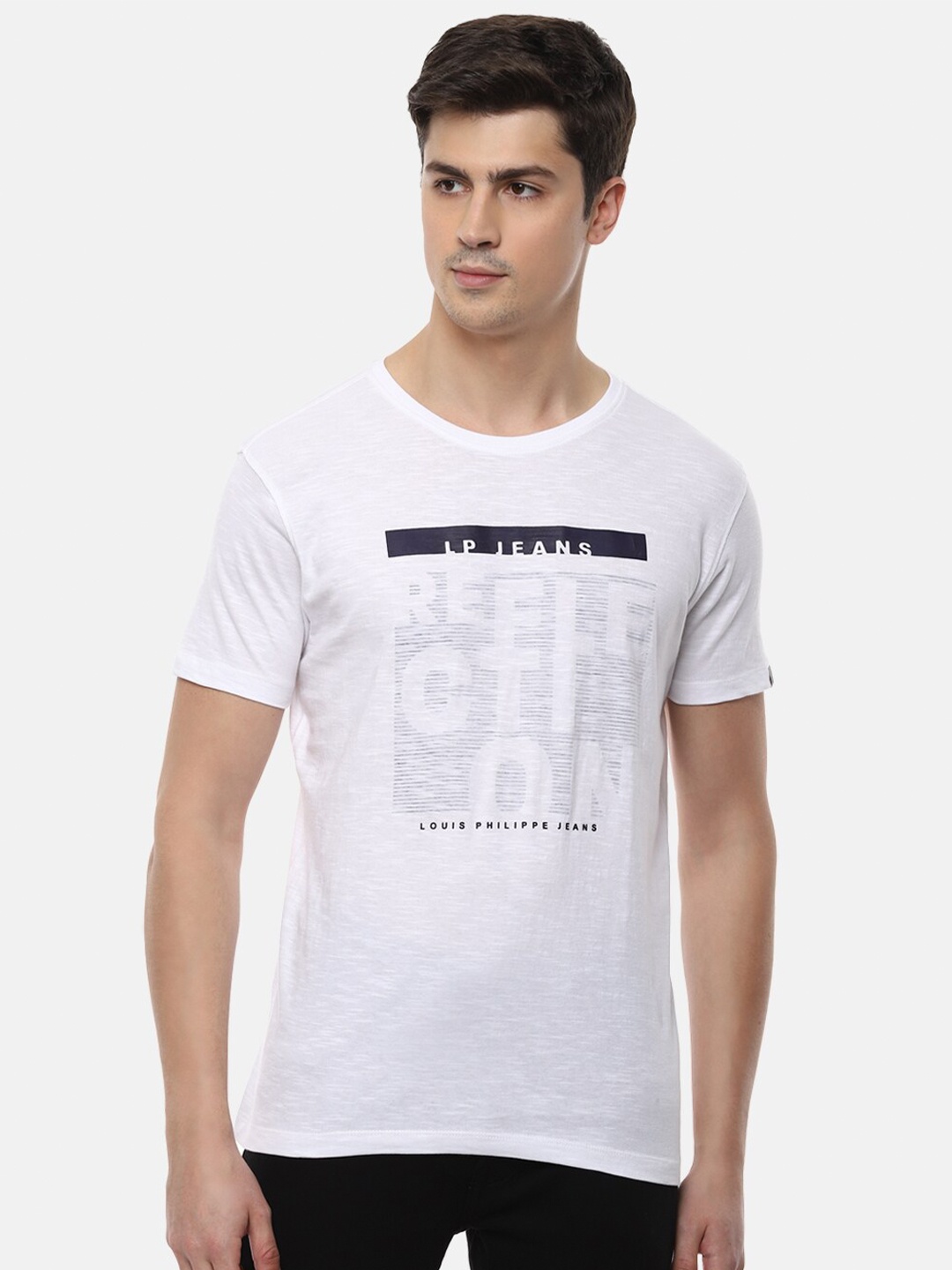 

Louis Philippe Jeans Men White Typography Printed Slim Fit T-shirt