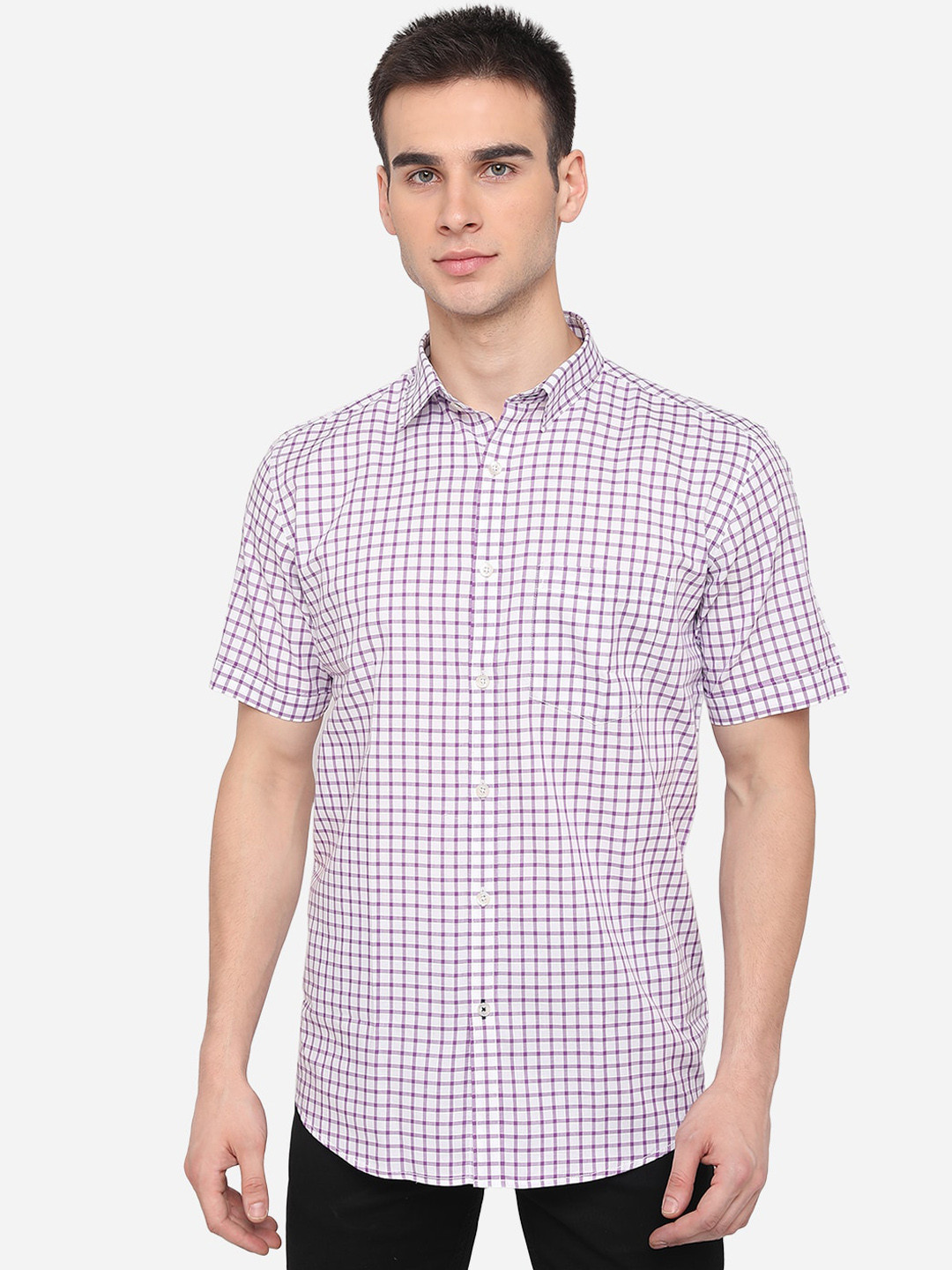 

JADE BLUE Men Purple Slim Fit Checked Cotton Semiformal Shirt